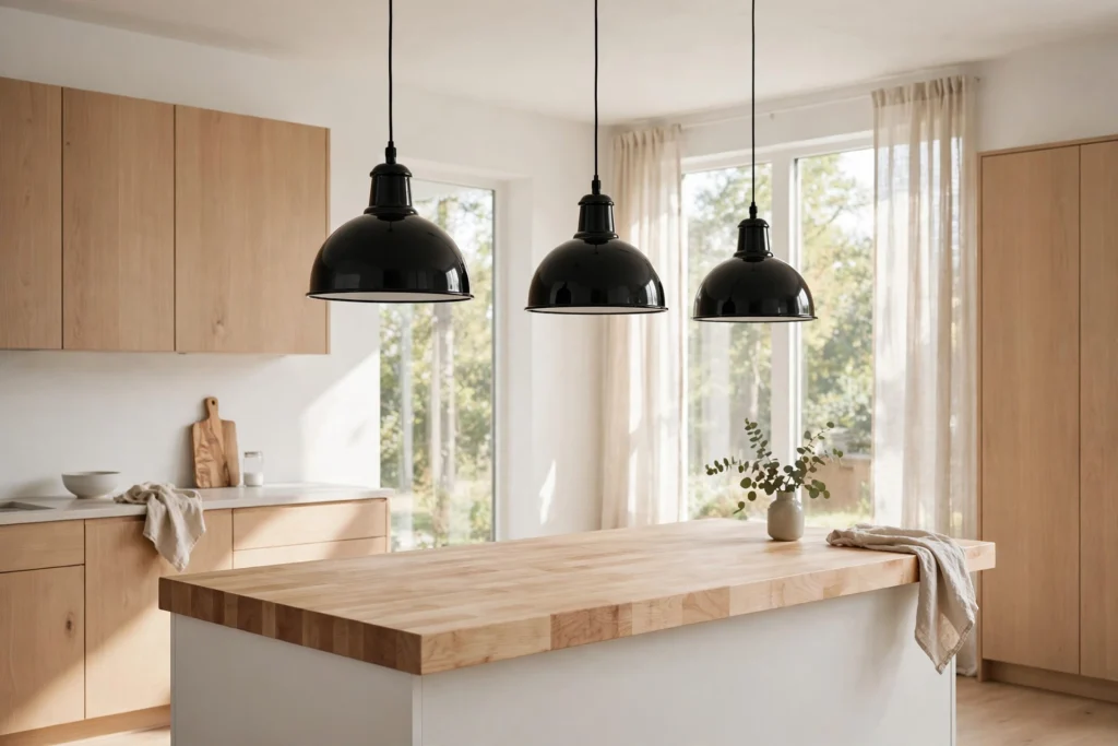 Black enamel dome pendant lights hanging over a butcher-block kitchen island