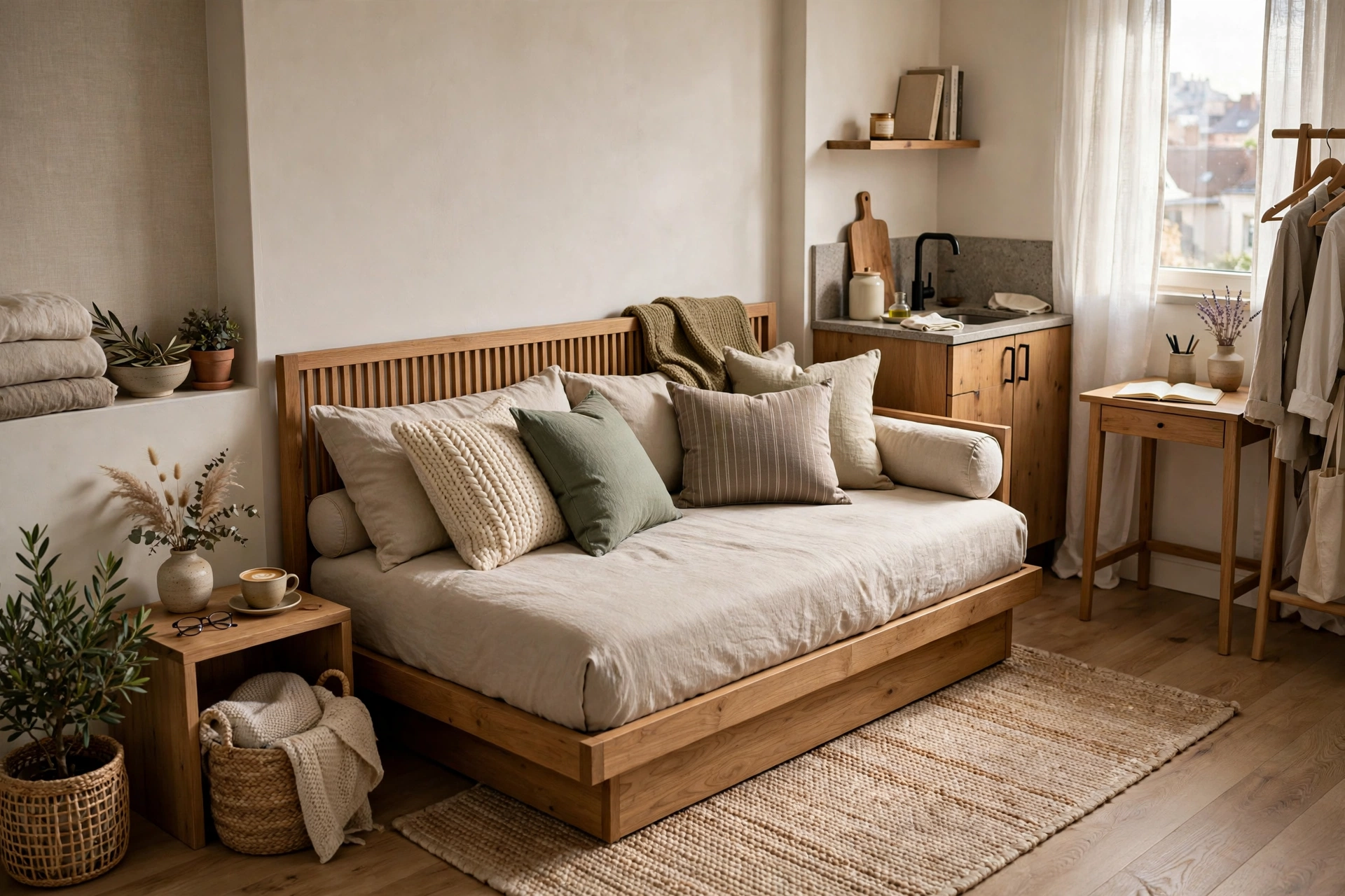 Stylish daybed doubling as sofa in a compact studio bedroom