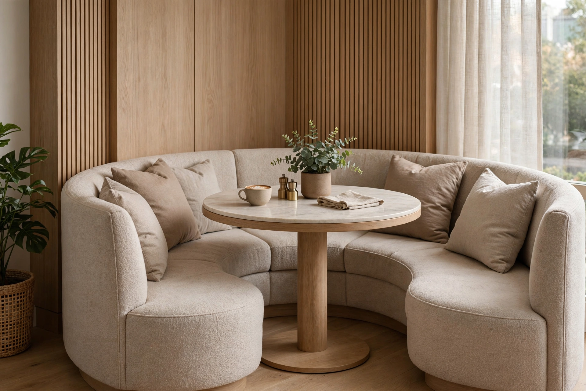 Round pedestal table tucked into curved banquette seating