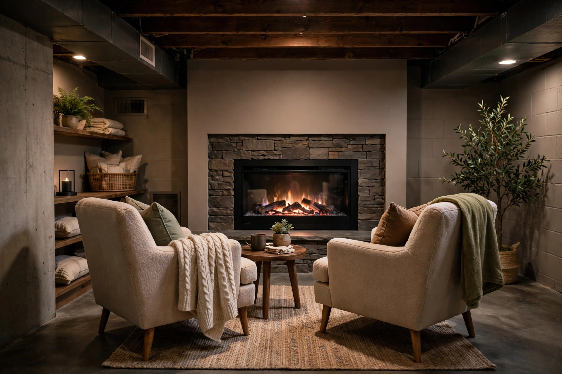 Intimate conversation nook with armchairs facing an electric fireplace in a basement