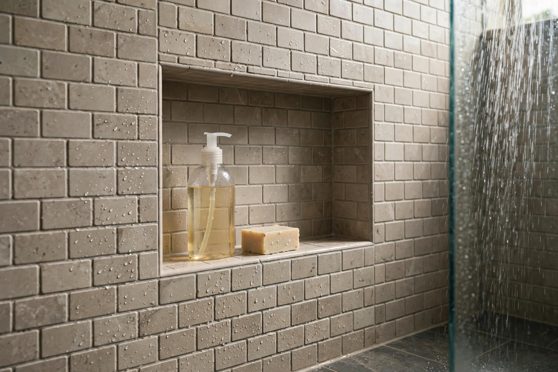 Tiled recessed shower niche with shelf holding shampoo and soap