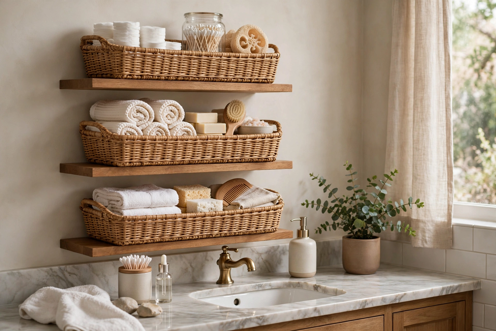 Matching woven baskets on bathroom shelves organizing toiletries and supplies