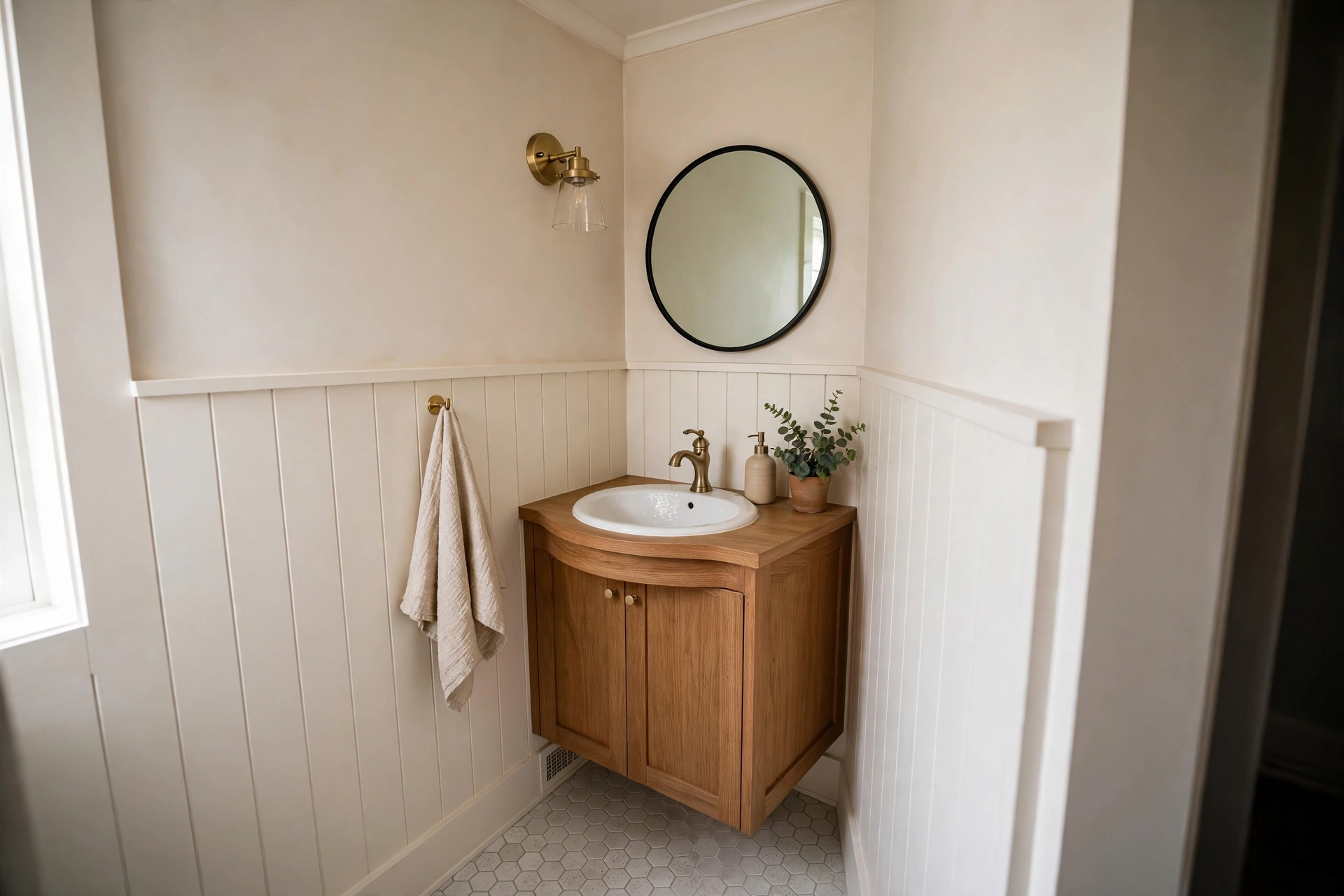 Corner bathroom vanity with sink tucked into small powder room