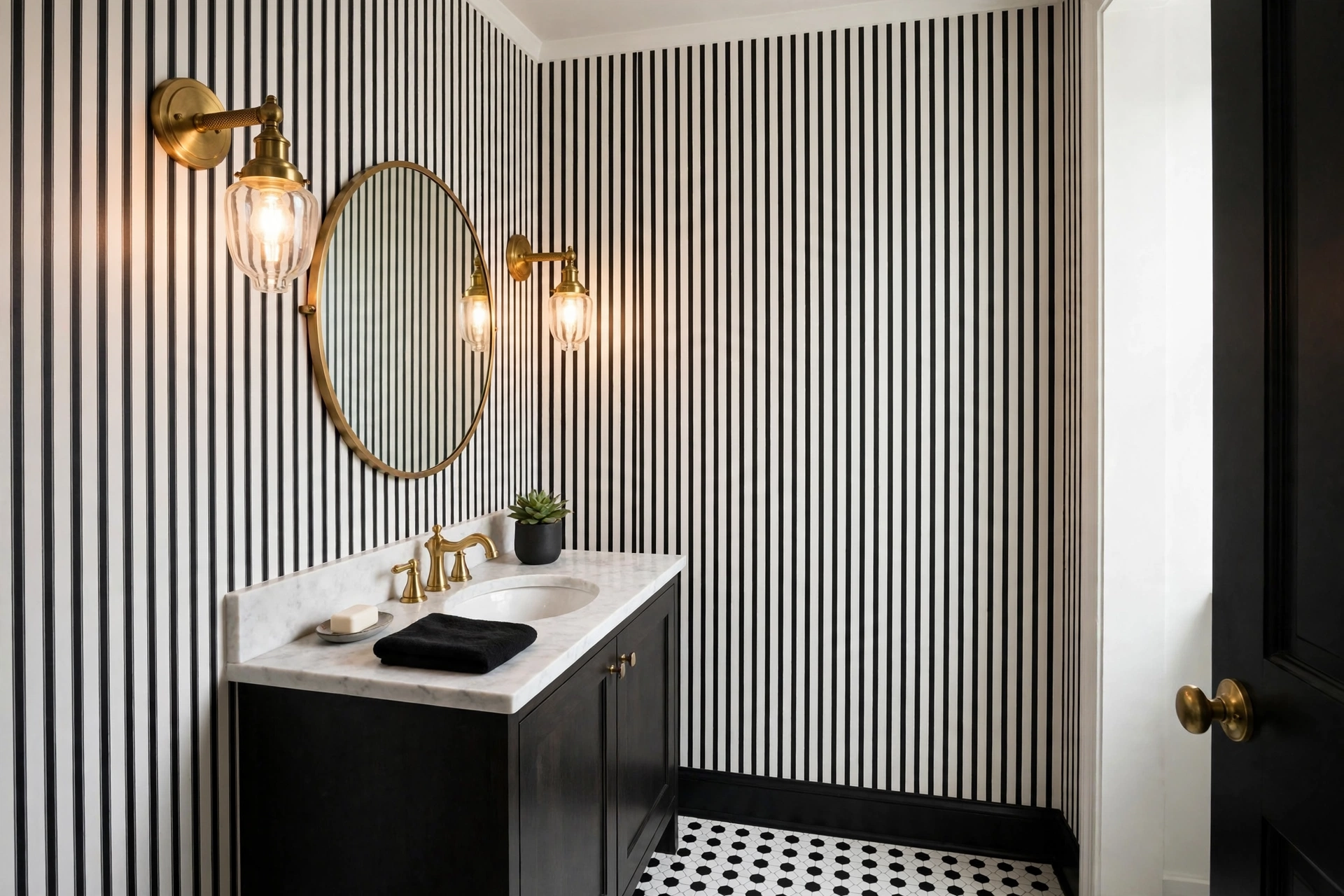 Black and white striped wallpaper with brass sconces in powder room