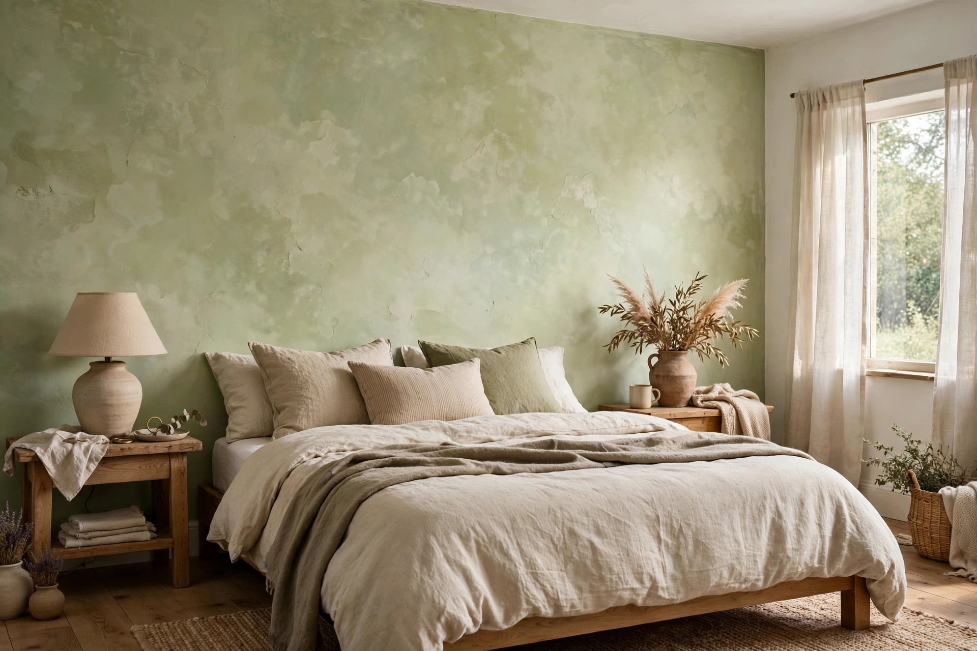Soft limewash painted accent wall with cloudy old-world texture in a bedroom