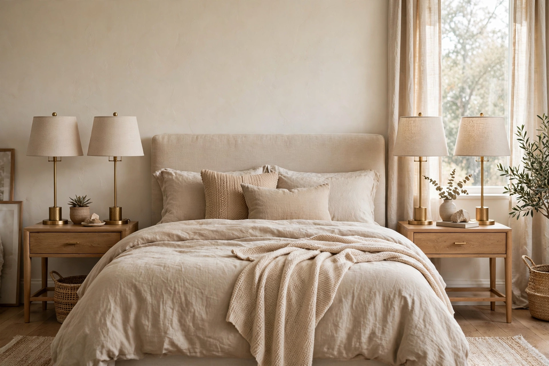Matching fabric-shade table lamps in pairs on both bedroom nightstands