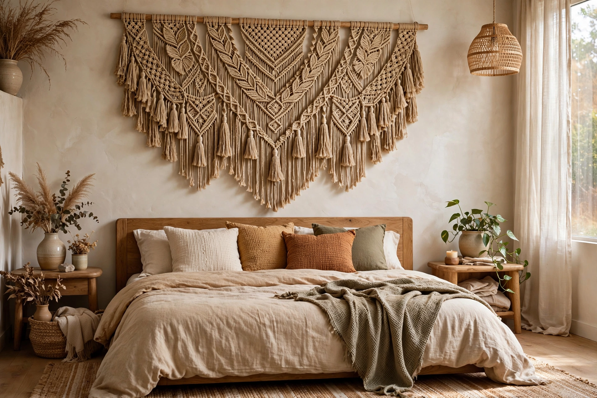 Large macramé wall hanging adding boho texture above the bed