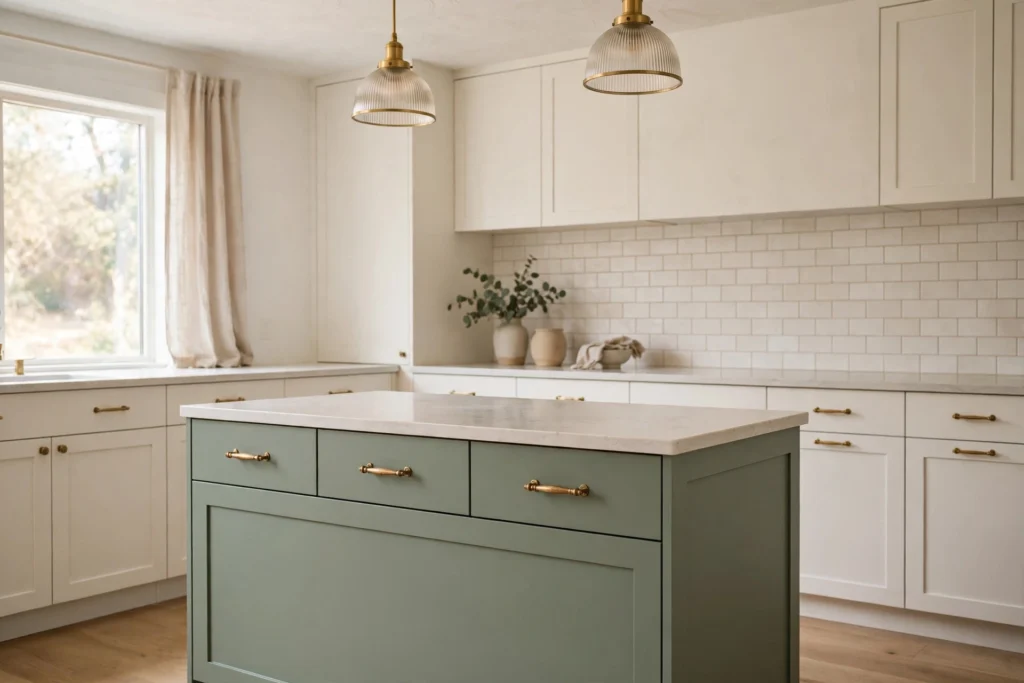 Sage green kitchen island with brass pulls against warm white perimeter cabinets