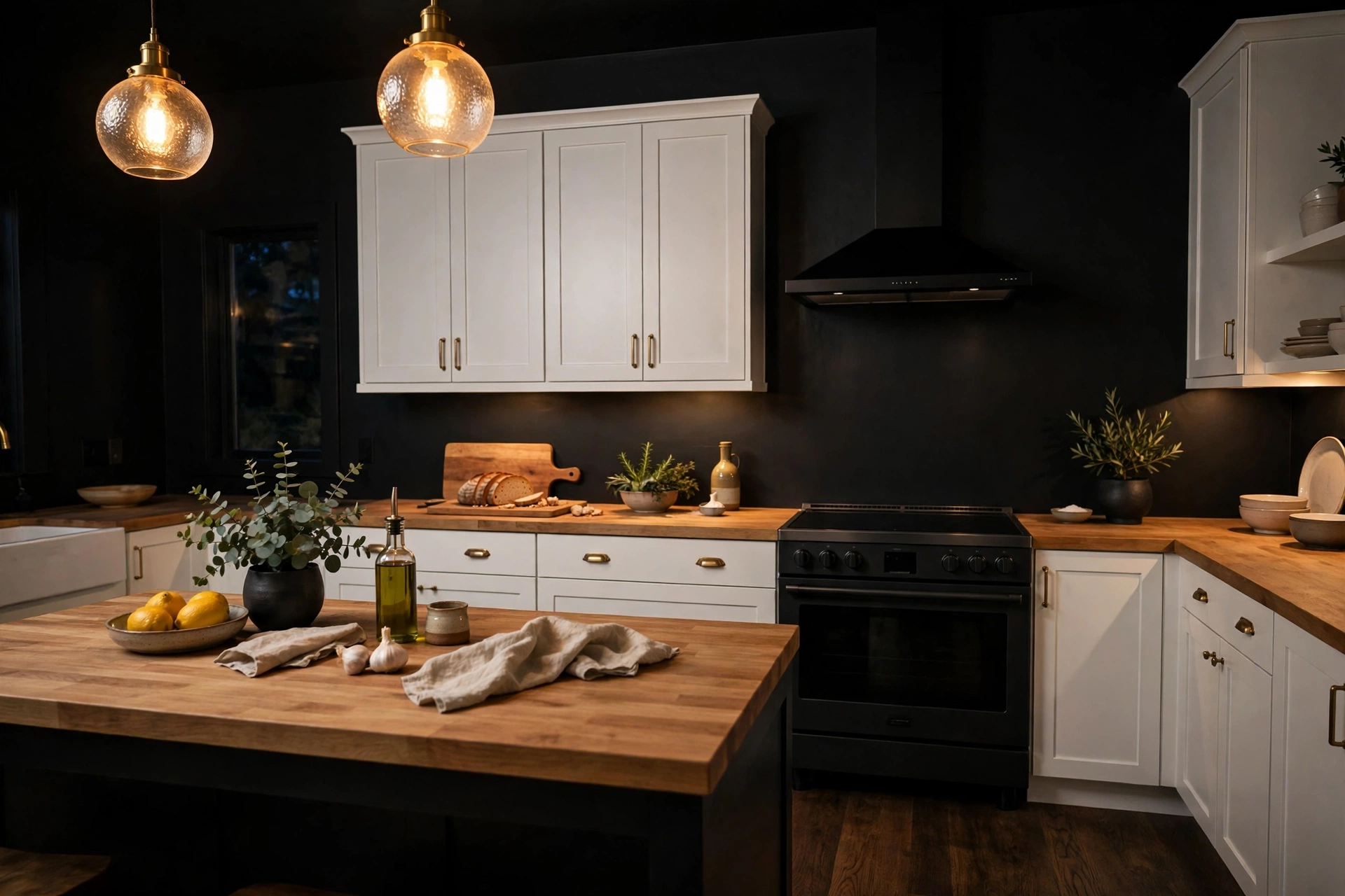 Moody black kitchen walls with white cabinets and warm lighting