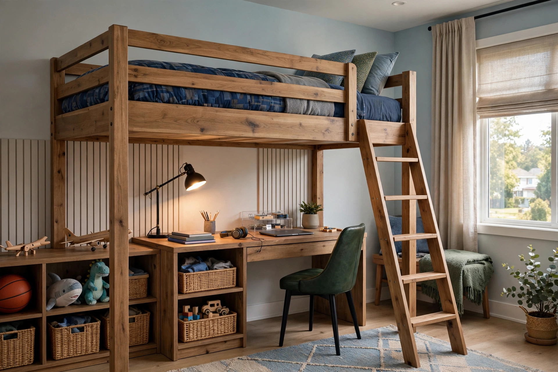 Boys bedroom loft bed with study nook and desk underneath