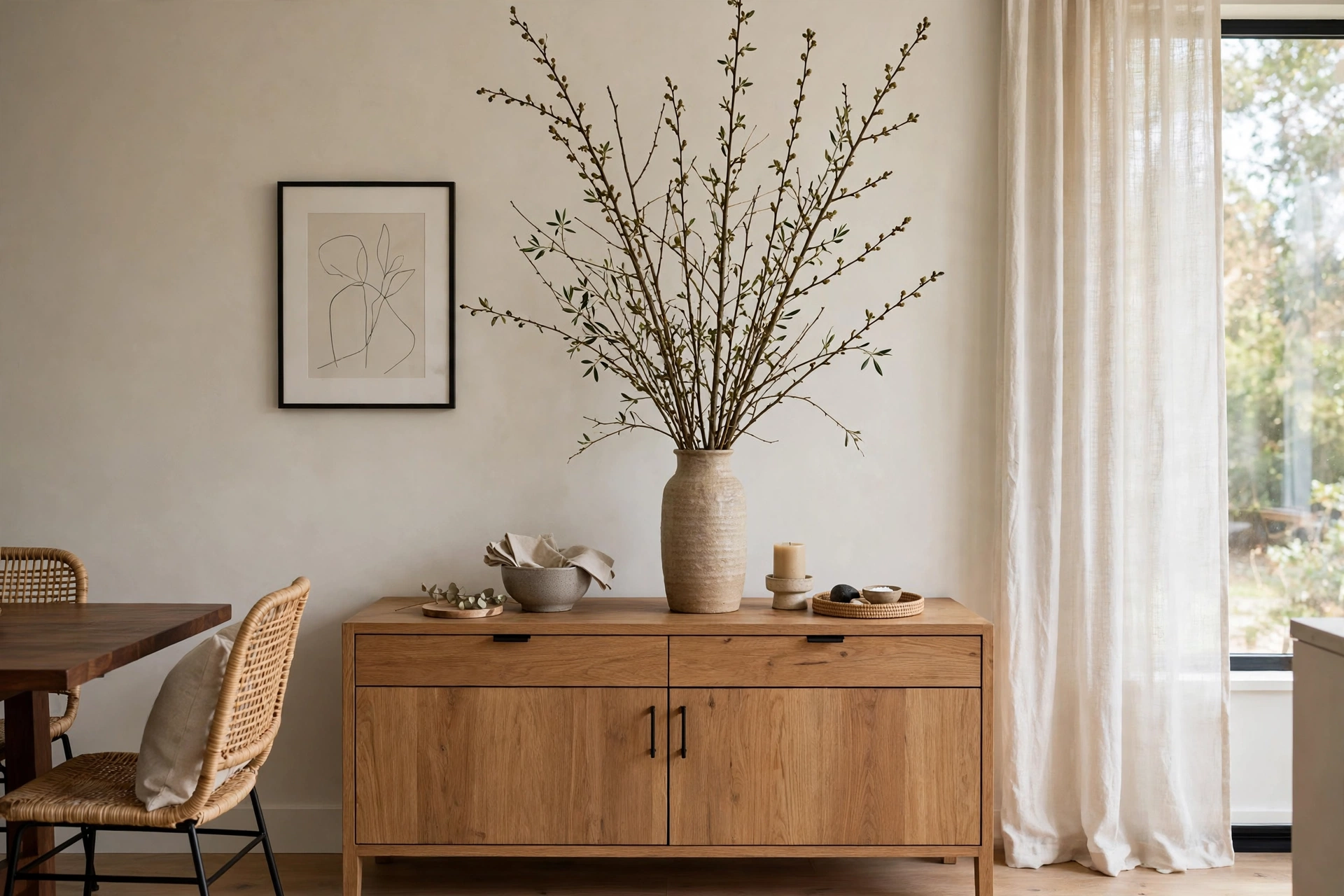Tall branch arrangement in vase on dining room buffet