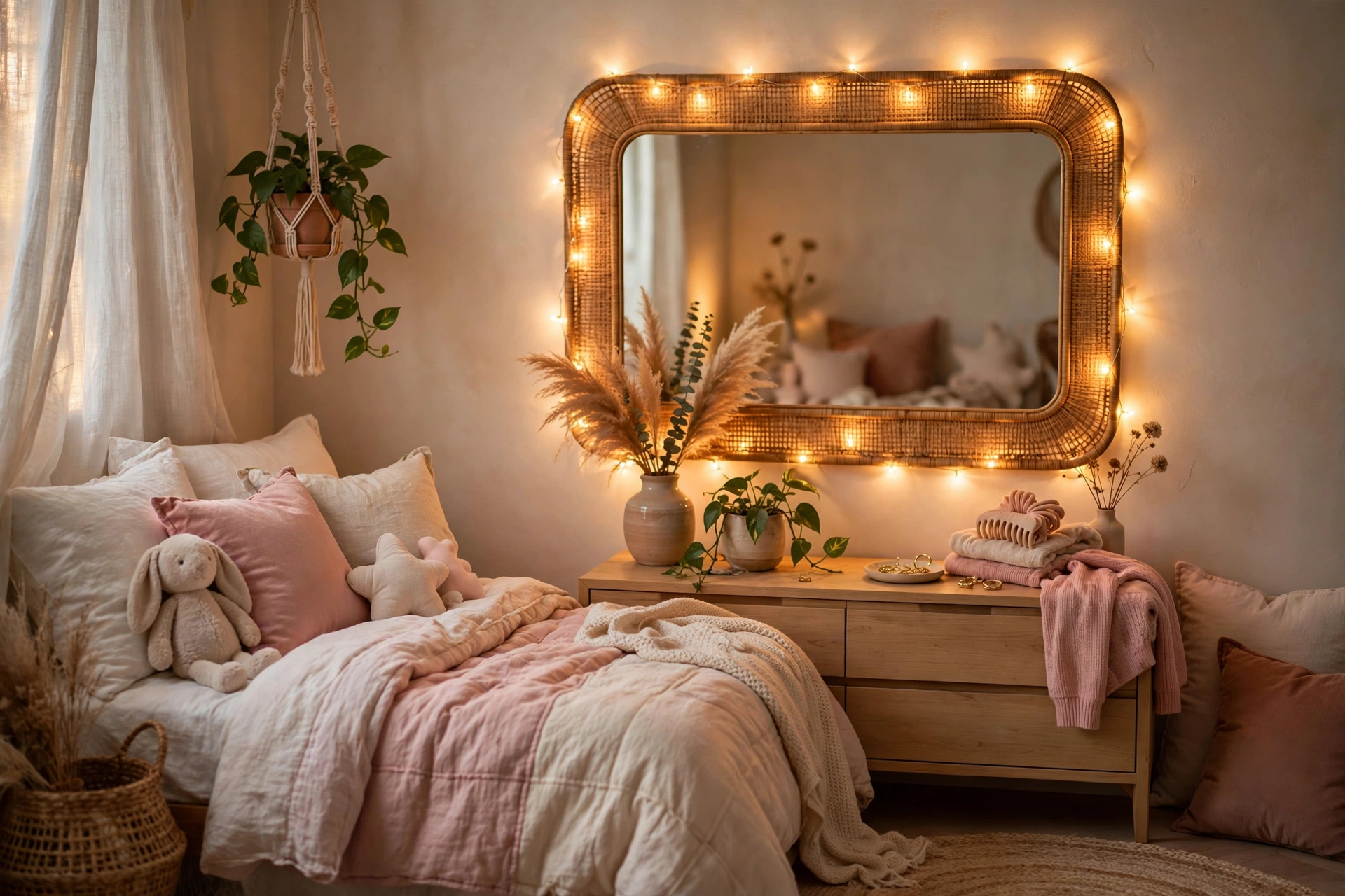 Warm fairy lights glowing around mirror in girls bedroom