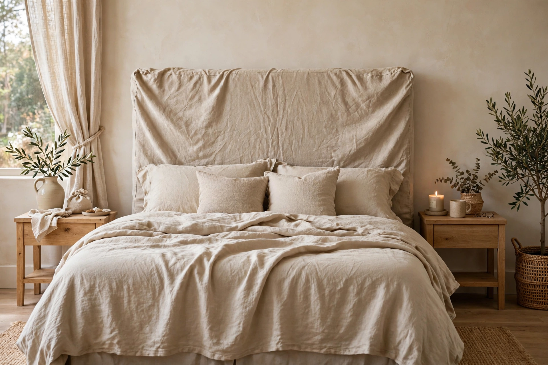 Linen slipcovered headboard with relaxed washable cover in a bedroom