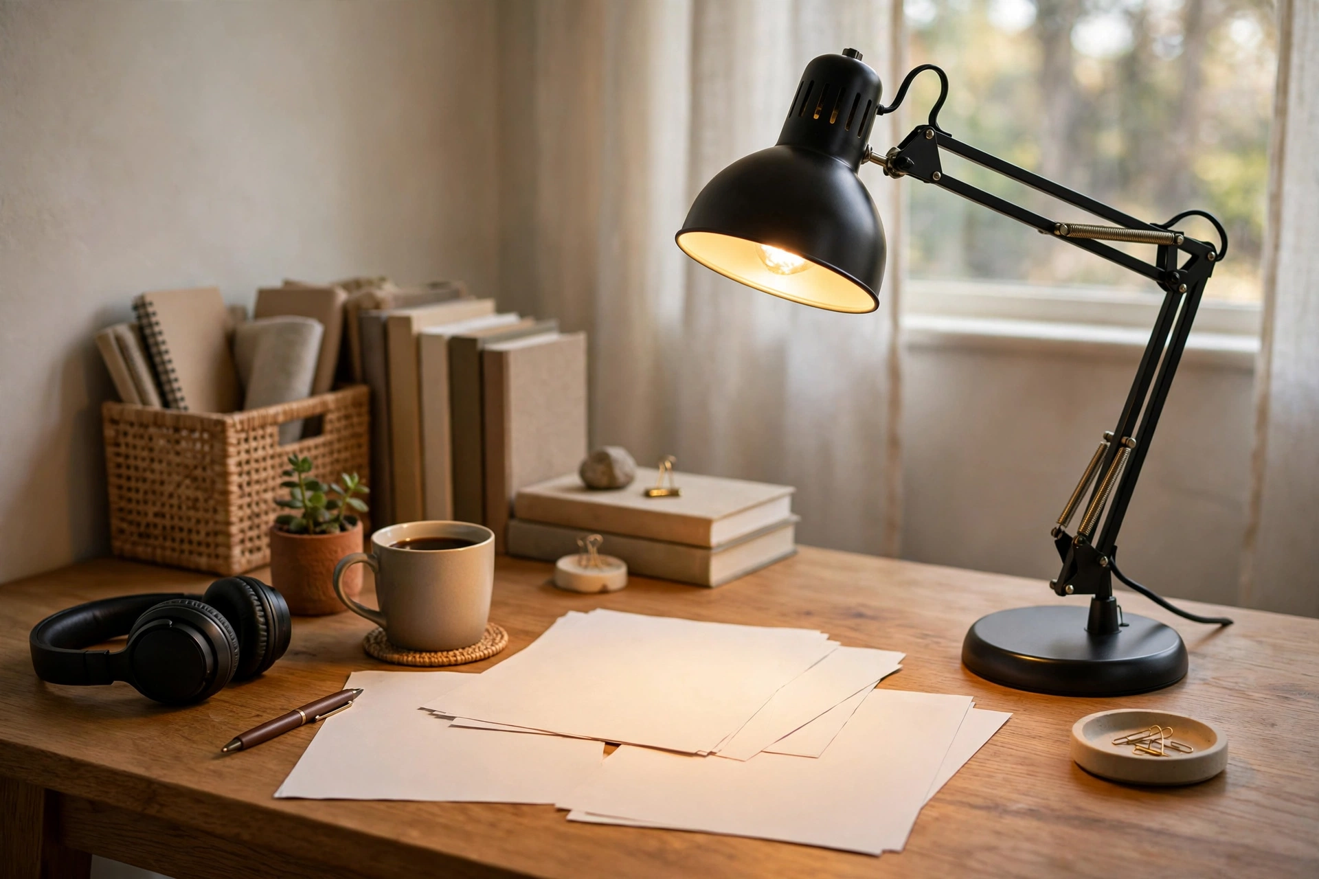Adjustable task lamp illuminating documents on home office desk