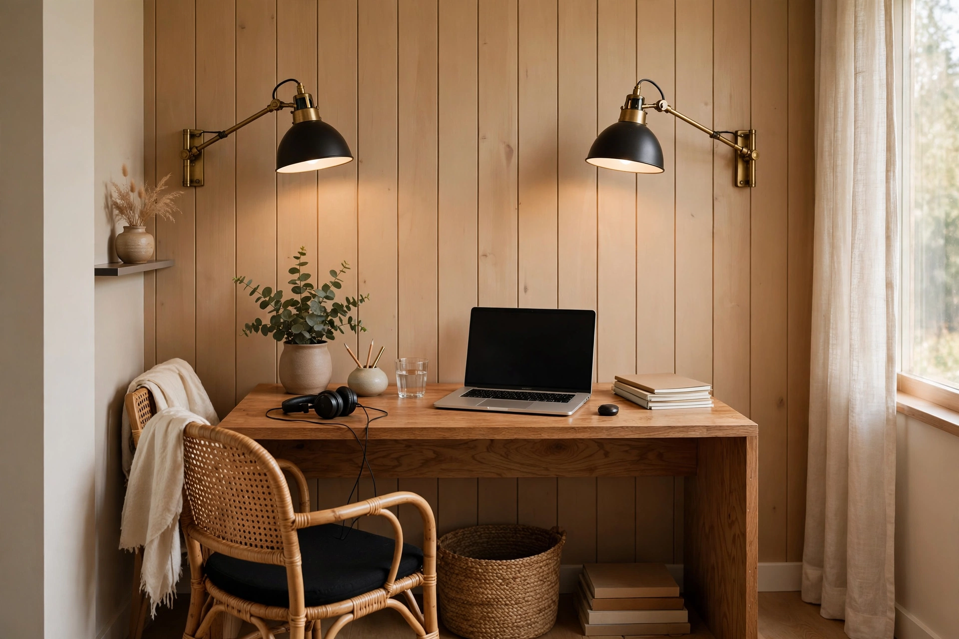 Swing arm wall sconces flanking desk in compact home office
