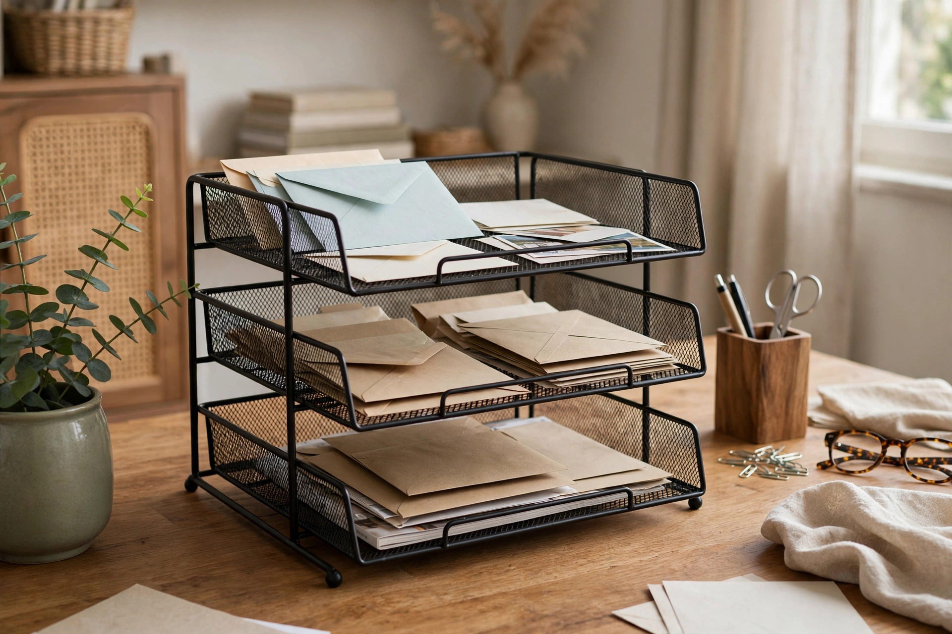 Three tray inbox system sorting mail in home office