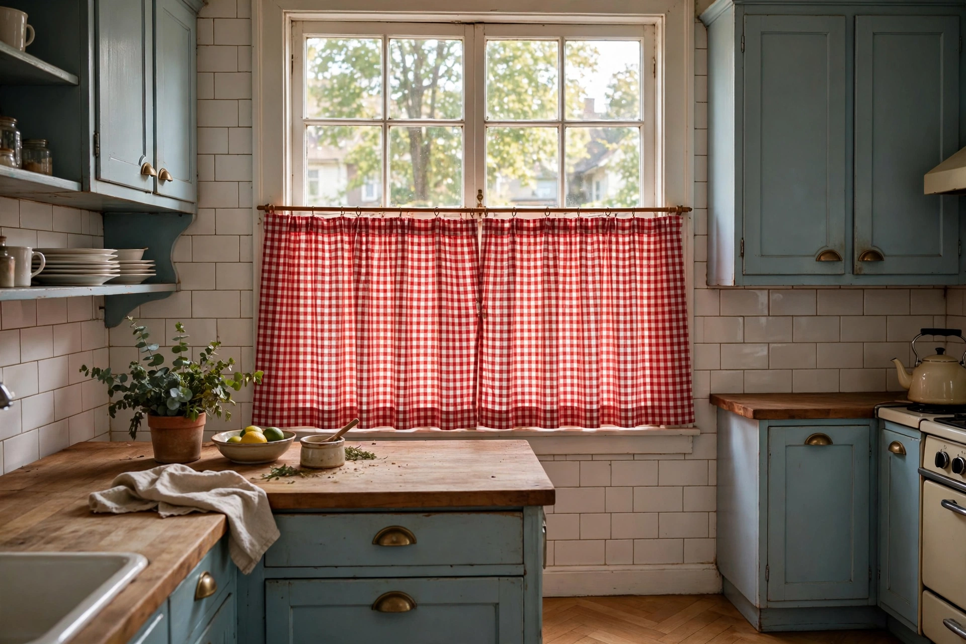 Red gingham check cafe curtains bringing retro charm to a kitchen window
