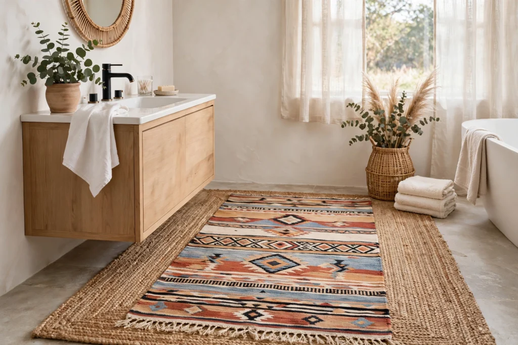 Layered kilim runner over jute rug on a boho bathroom floor