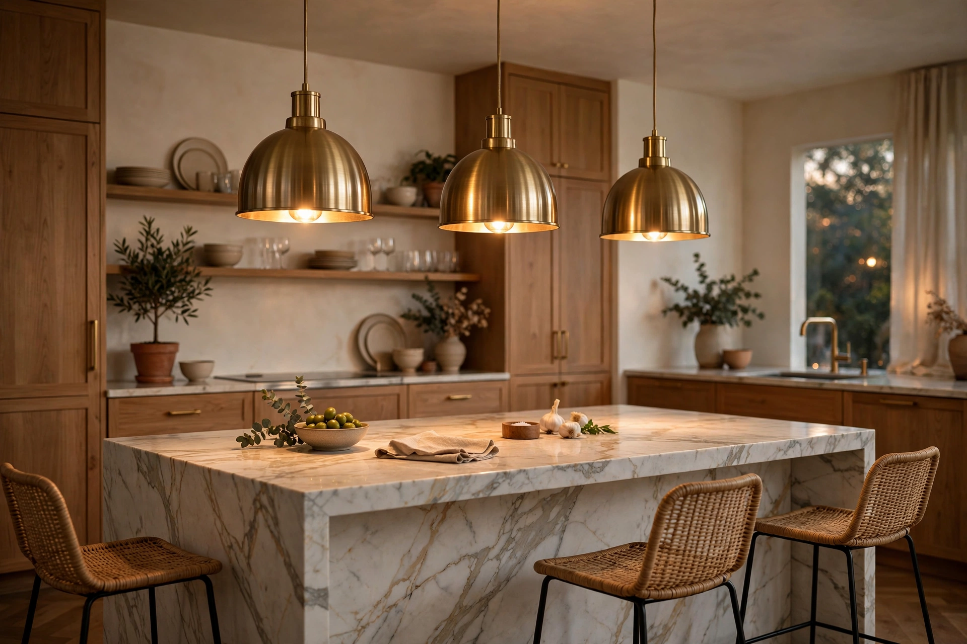 Brushed brass pendant lights glowing over a marble kitchen island