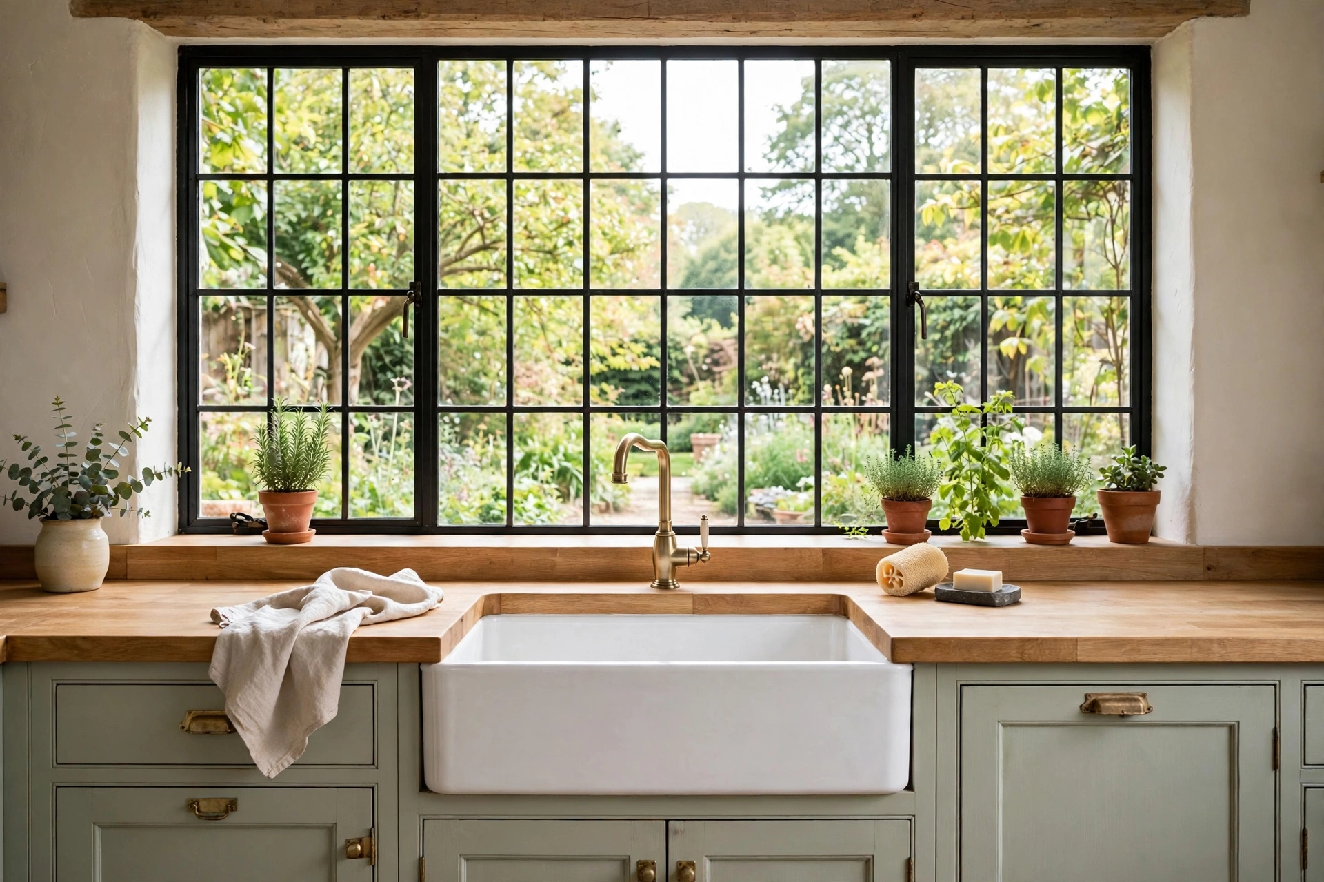 Farmhouse kitchen sink centered under a large bright window with garden view