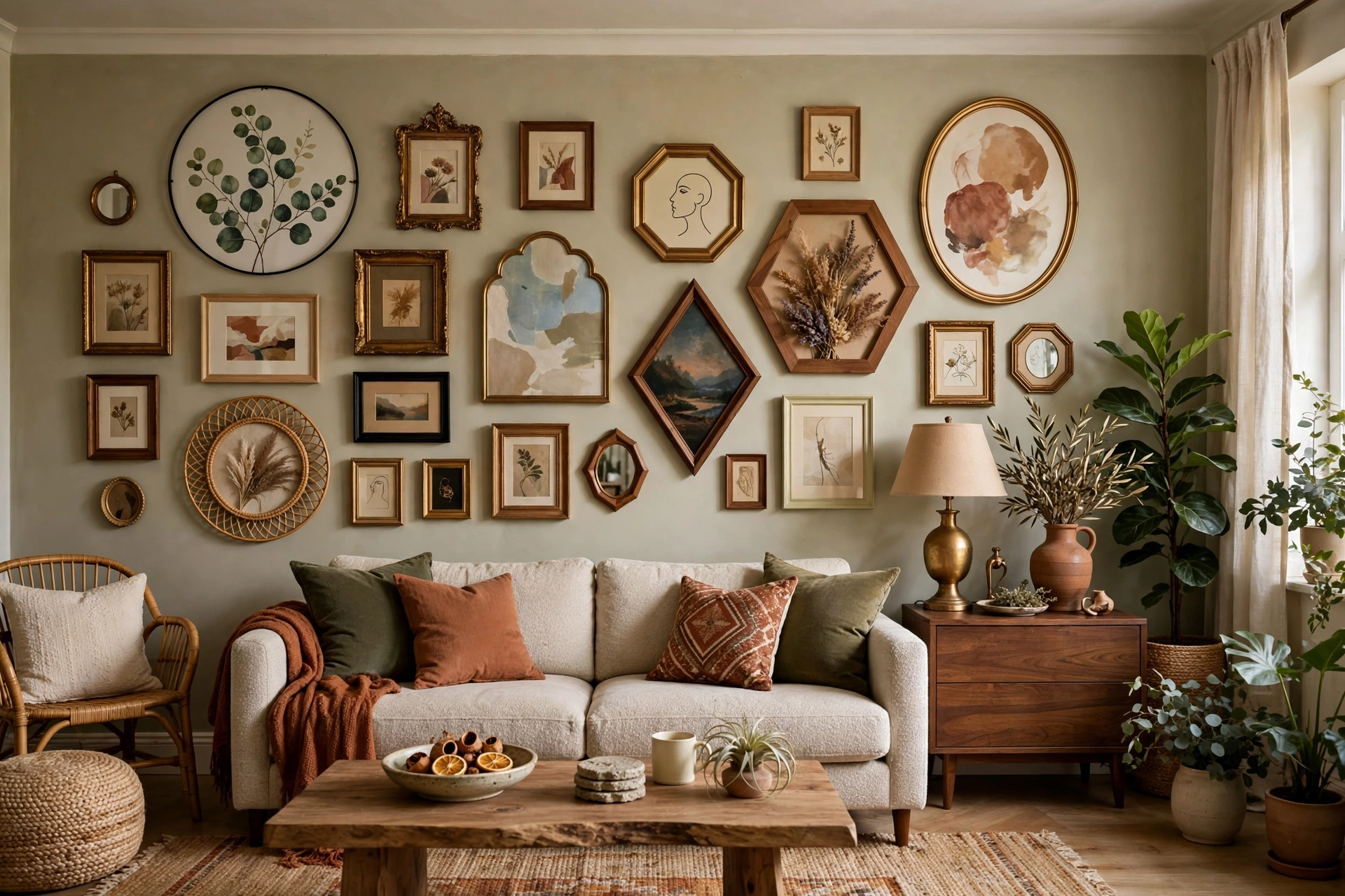 Eclectic salon style gallery wall with varied shapes living room