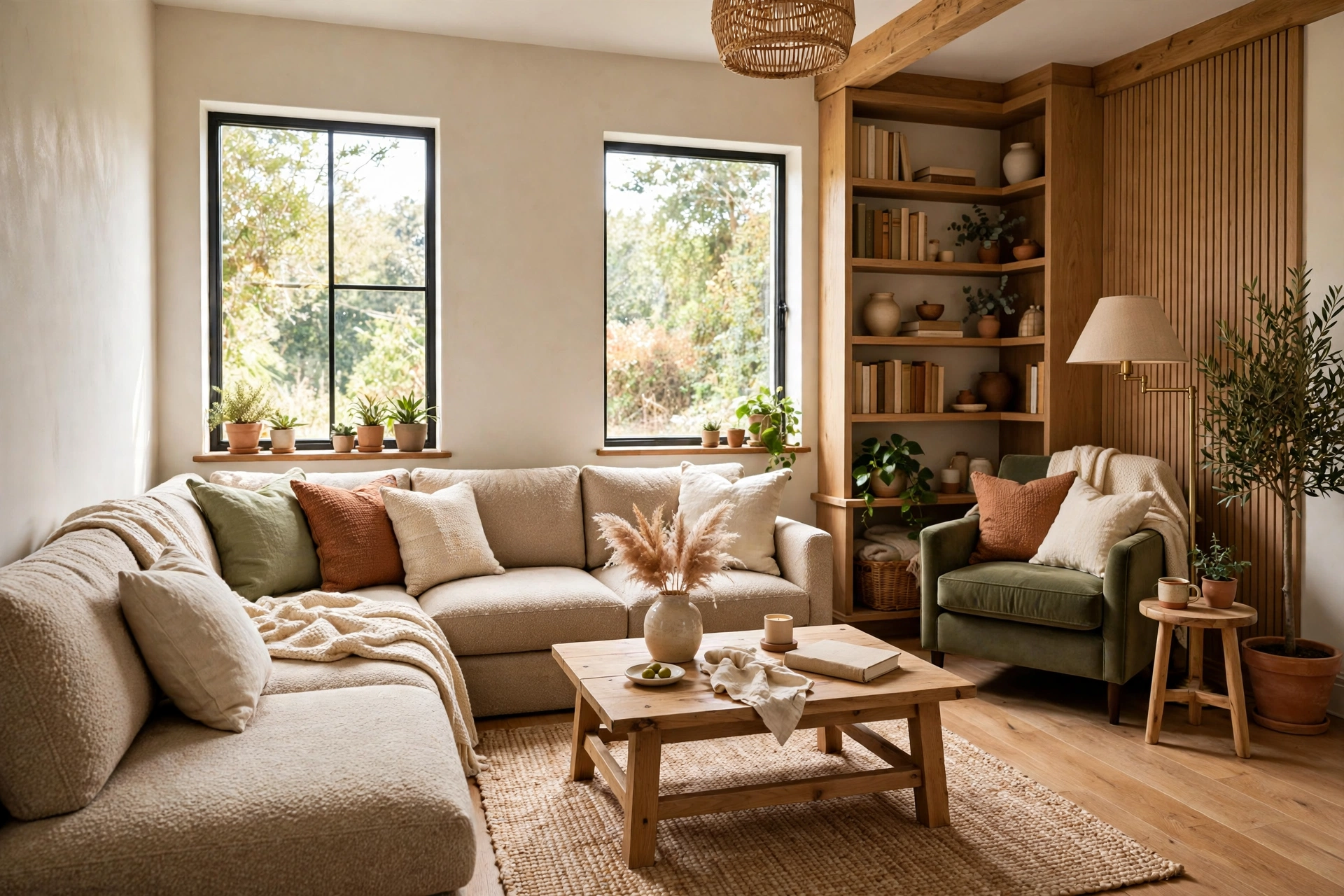 L-shaped living room layout with reading nook in the corner