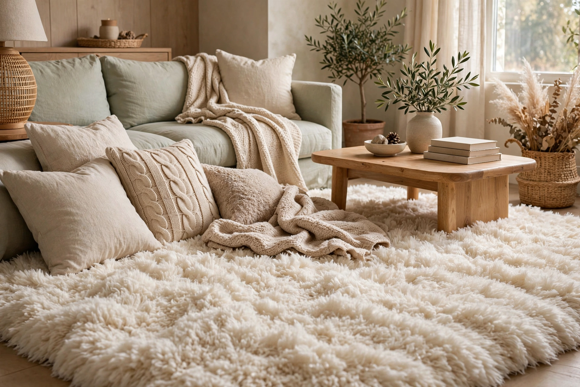 Cozy shag living room rug creating a soft seating area