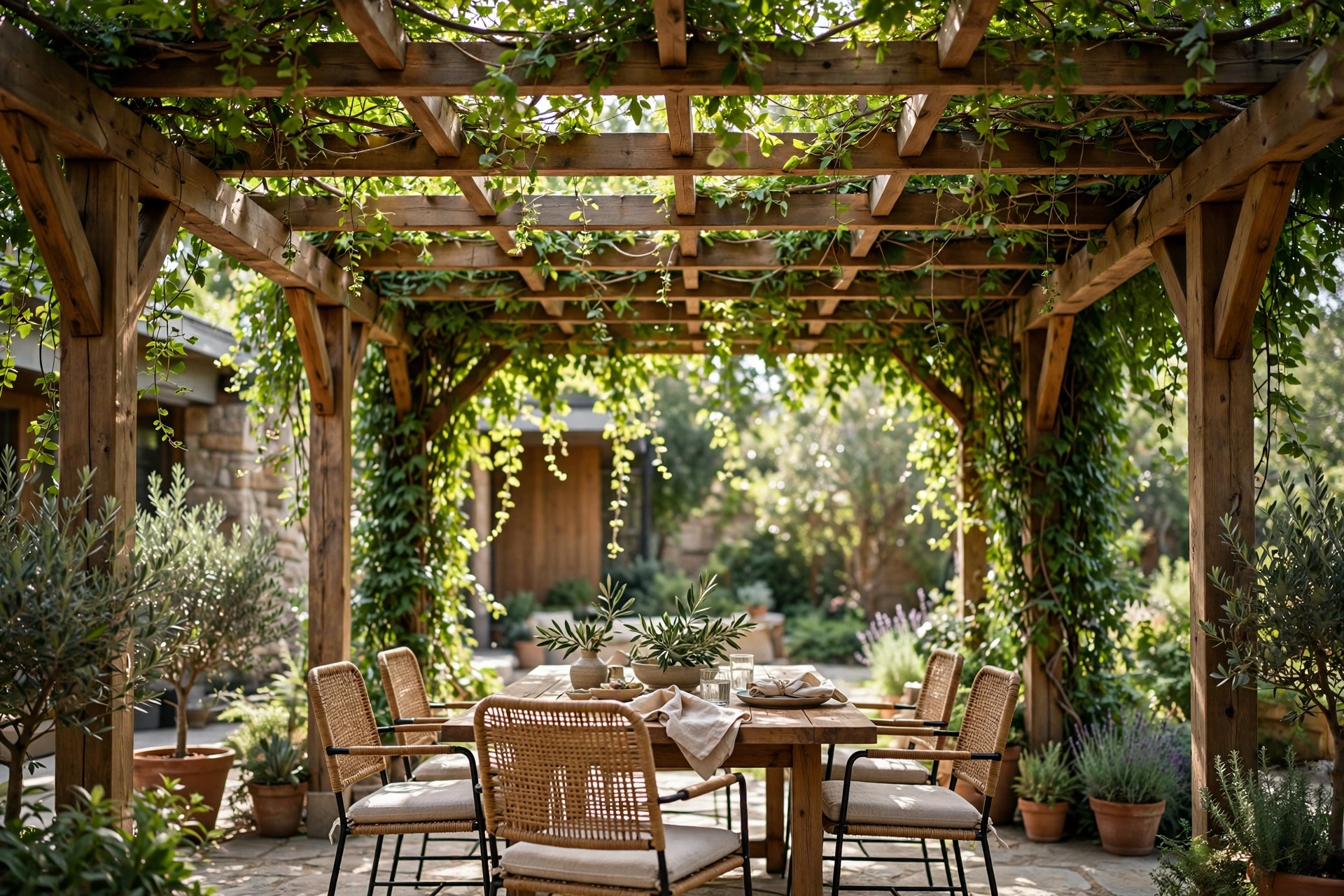 Wooden pergola with climbing vines shading patio dining set