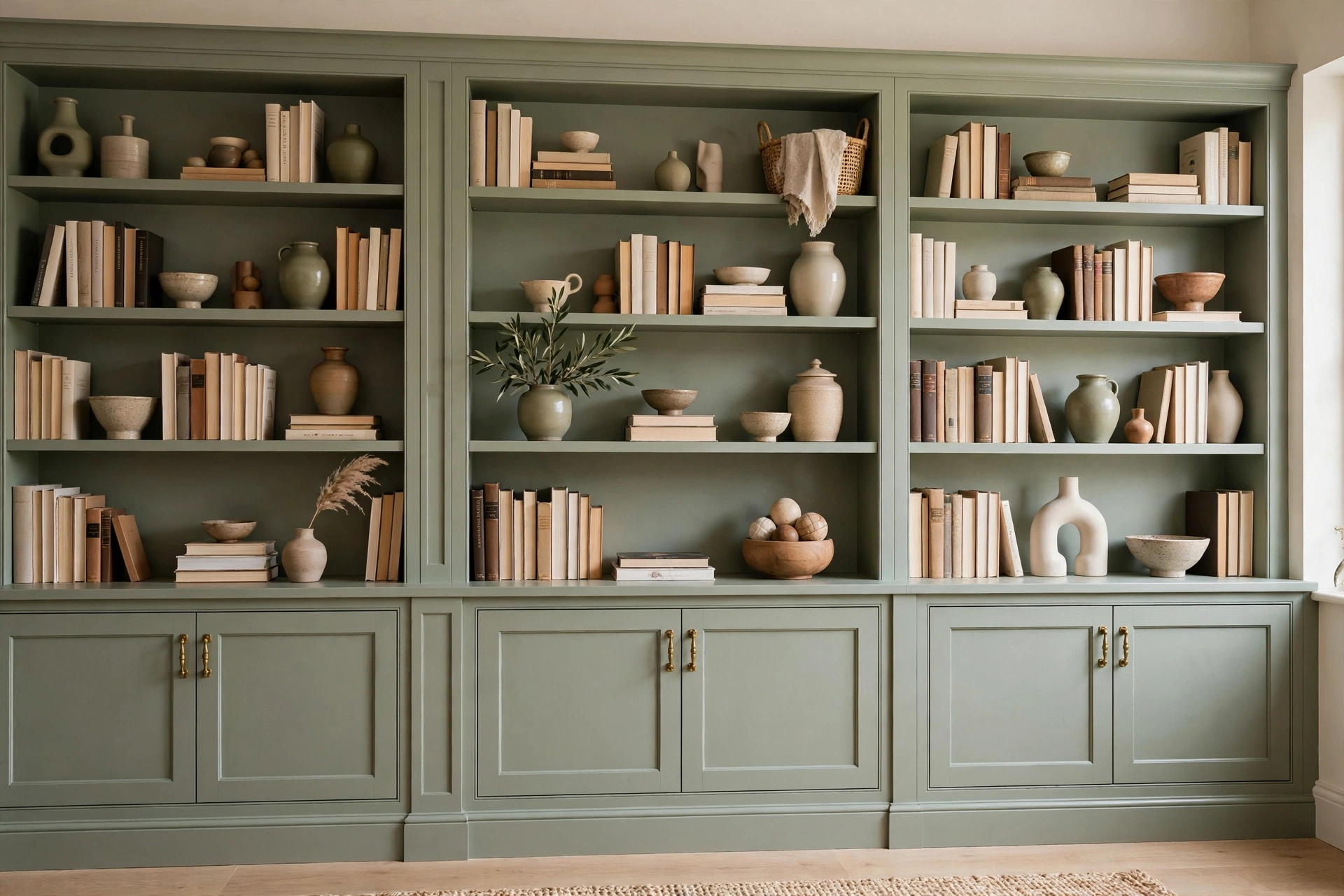 Sage green built-in bookshelves styled with books and ceramics