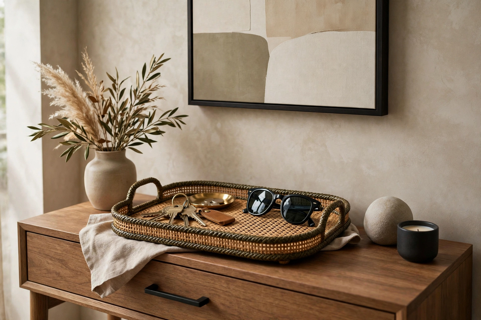 Decorative tray holding keys and sunglasses on console