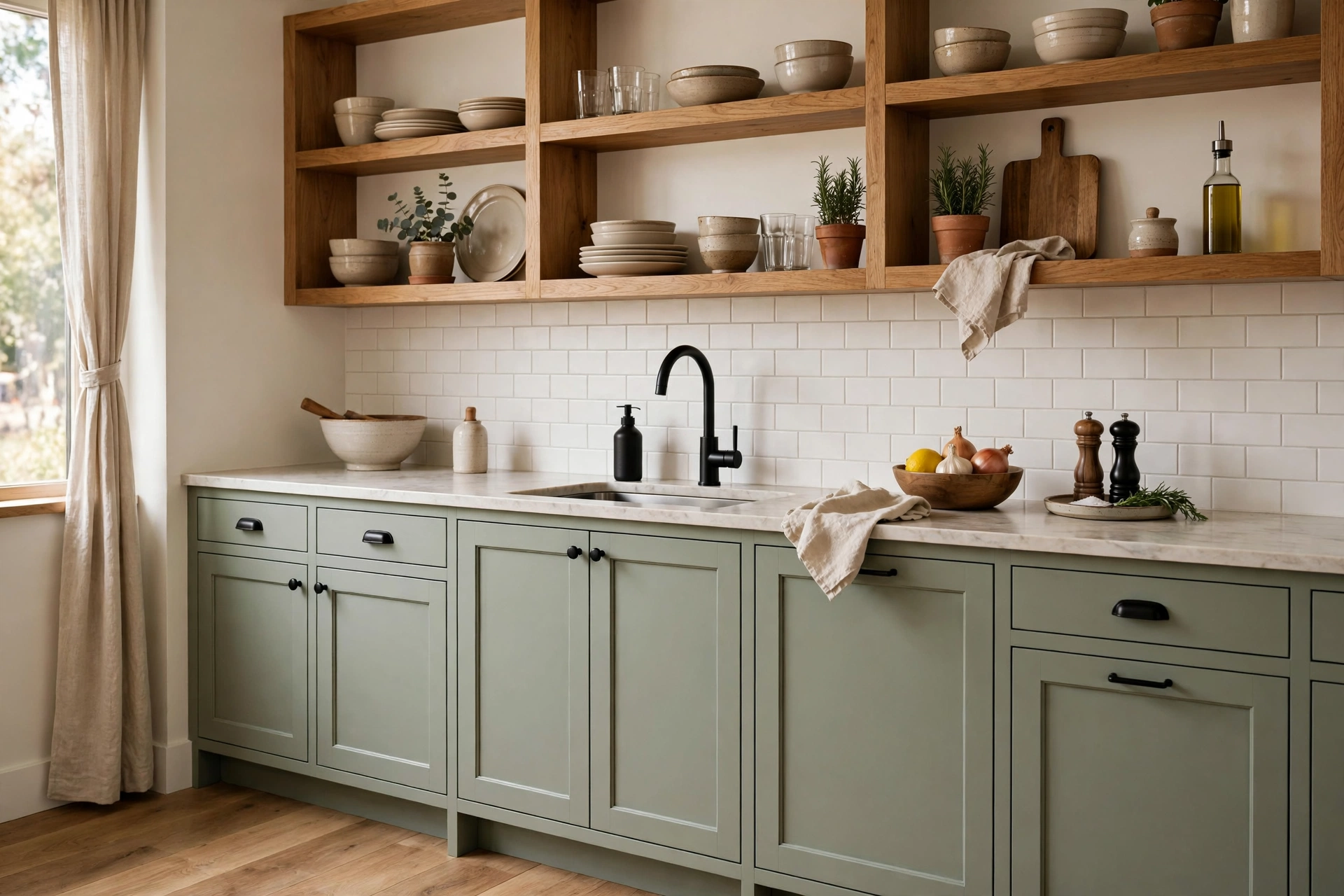 Painted lower cabinets with natural wood open shelving instead of uppers