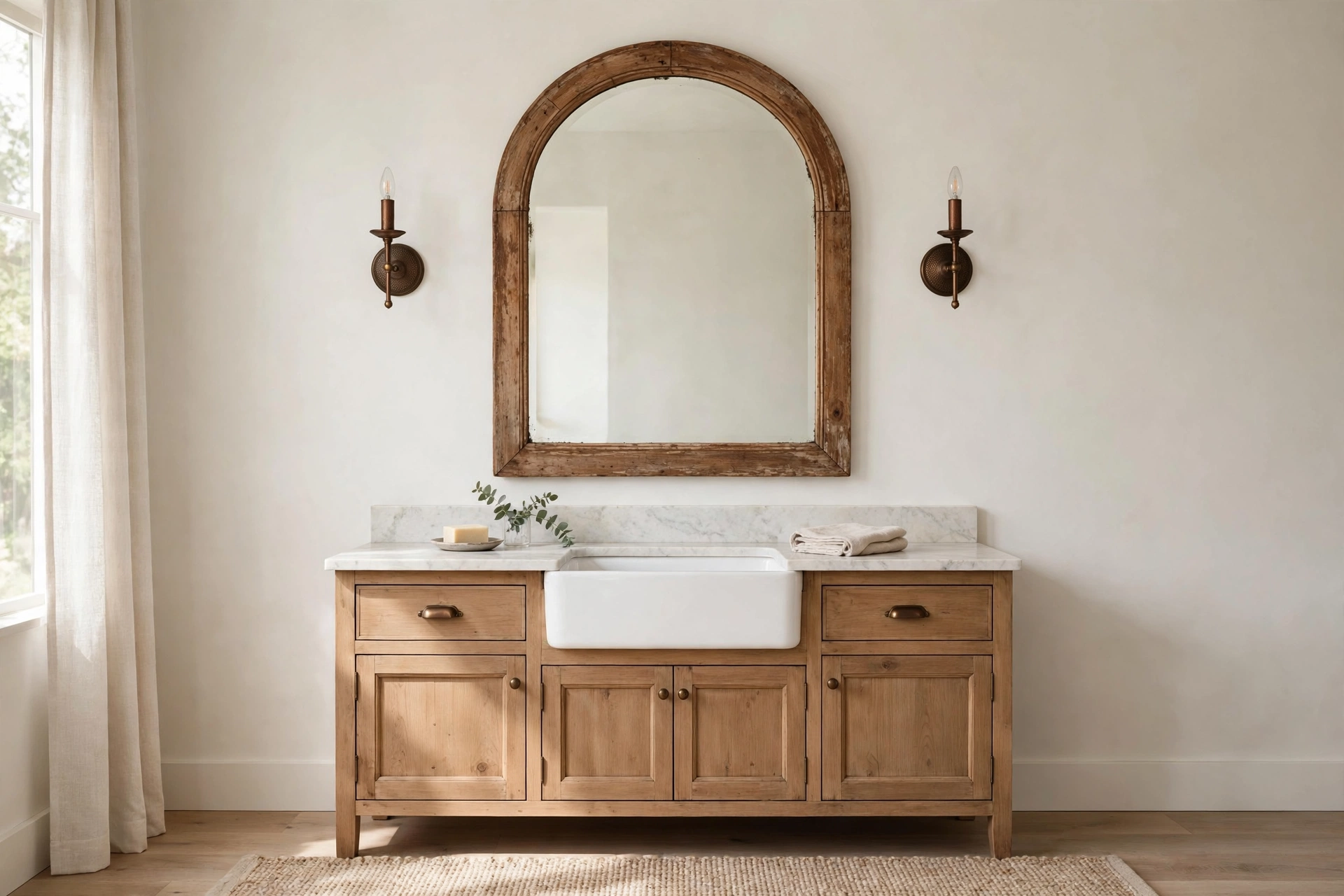 Arched vintage wood mirror above a farmhouse vanity with bronze sconces