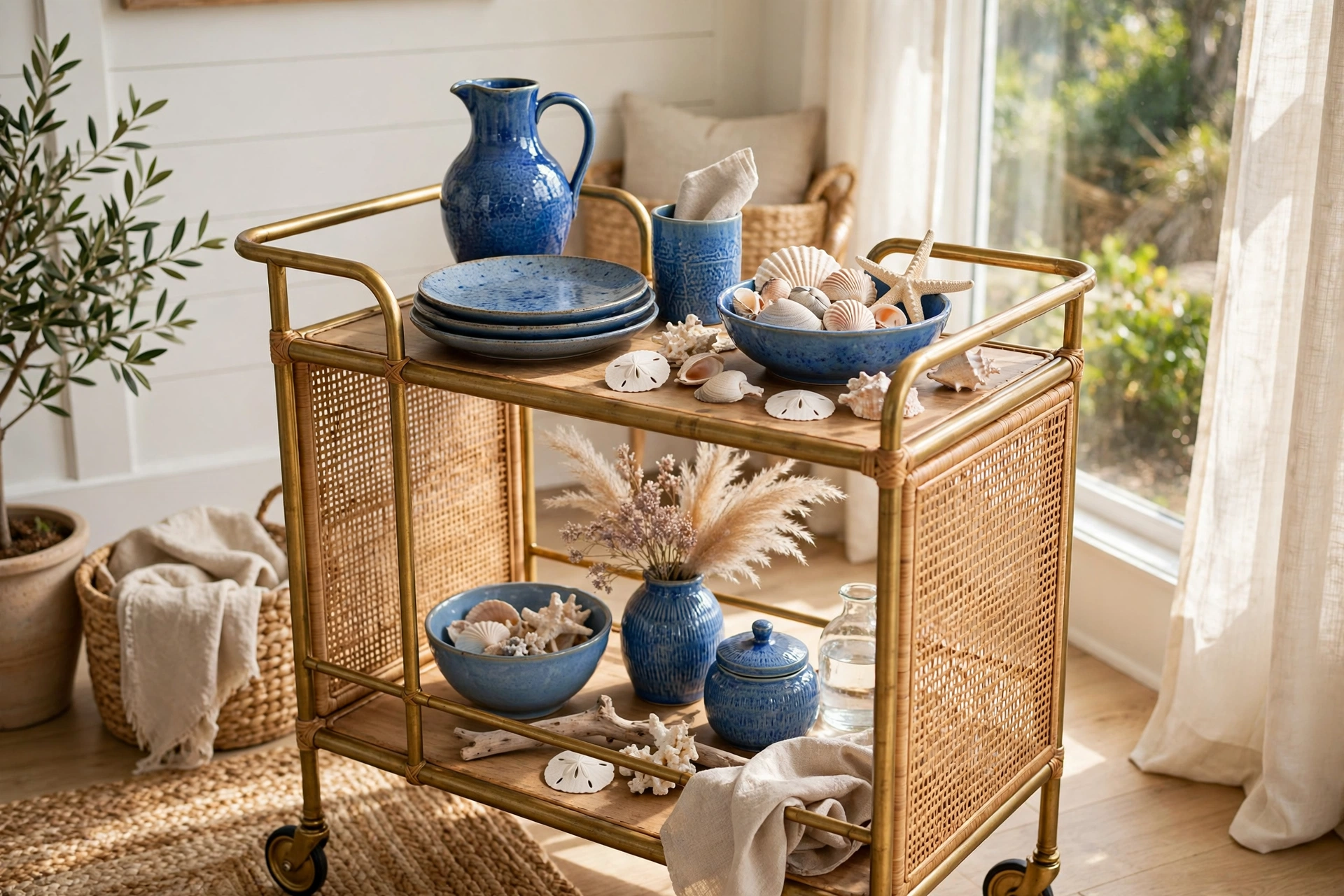 Coastal Style Bar Cart With Blue Ceramics And Seashell Decor