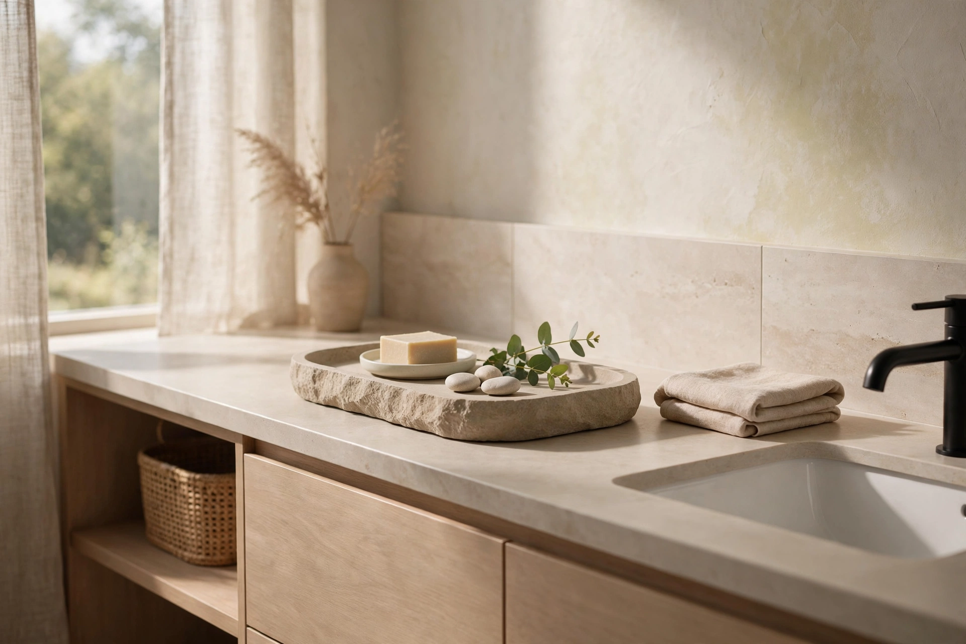 Minimalist Stone Tray On Modern Bathroom Counter