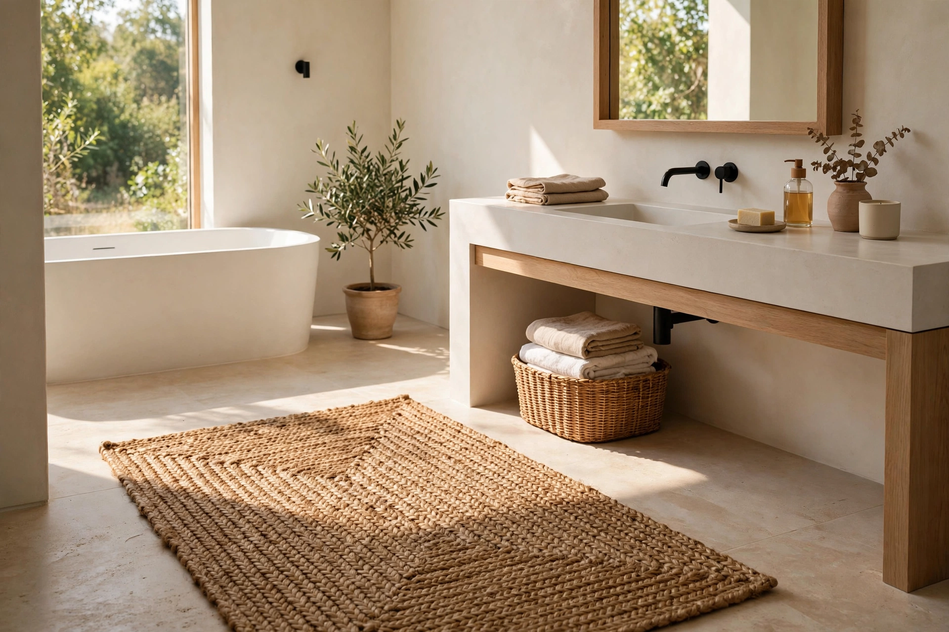 Natural Jute Rug Bringing Warm Texture To A Minimalist Bathroom