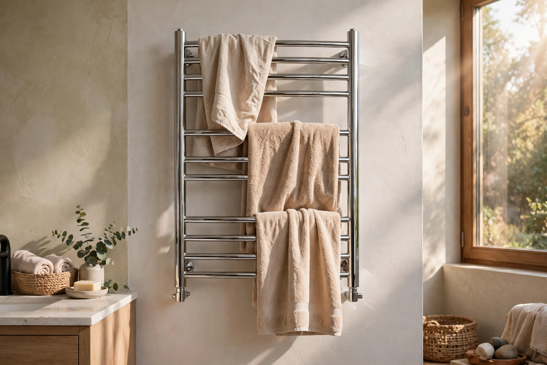 Chrome Heated Towel Rail With Warm Drying Towels On A Bathroom Wall