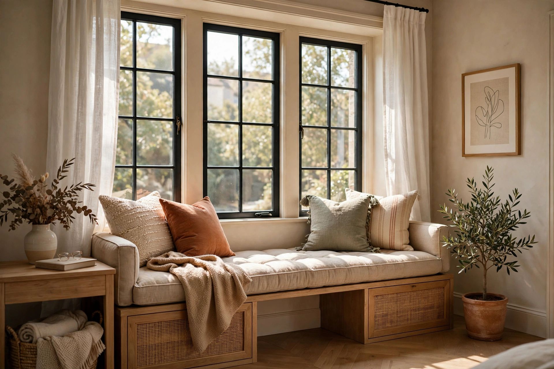 Cushioned Window-Side Reading Bench with Throw Pillows in Sunny Bedroom