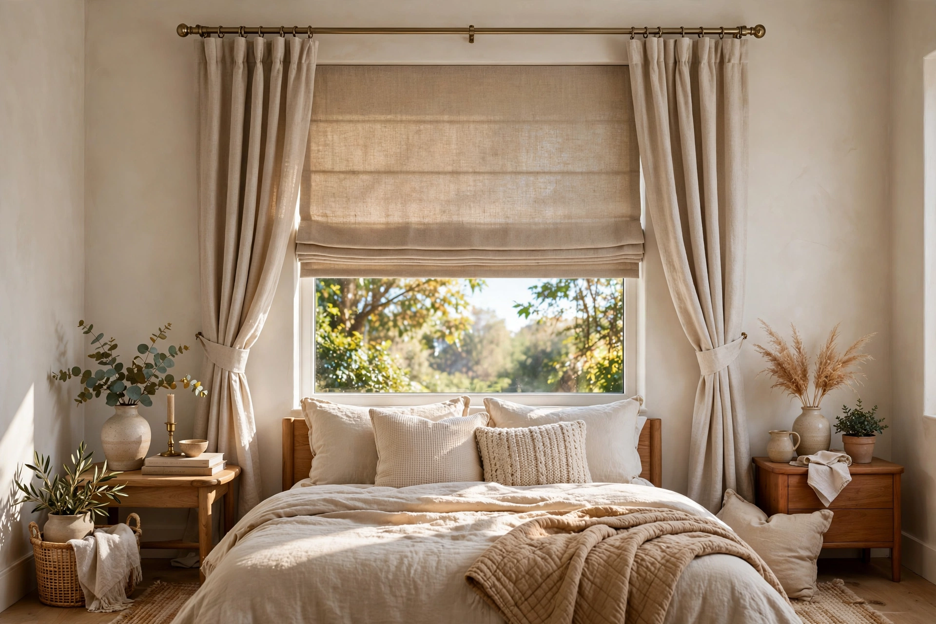 Roman Shade With Curtain Panels Bedroom Window
