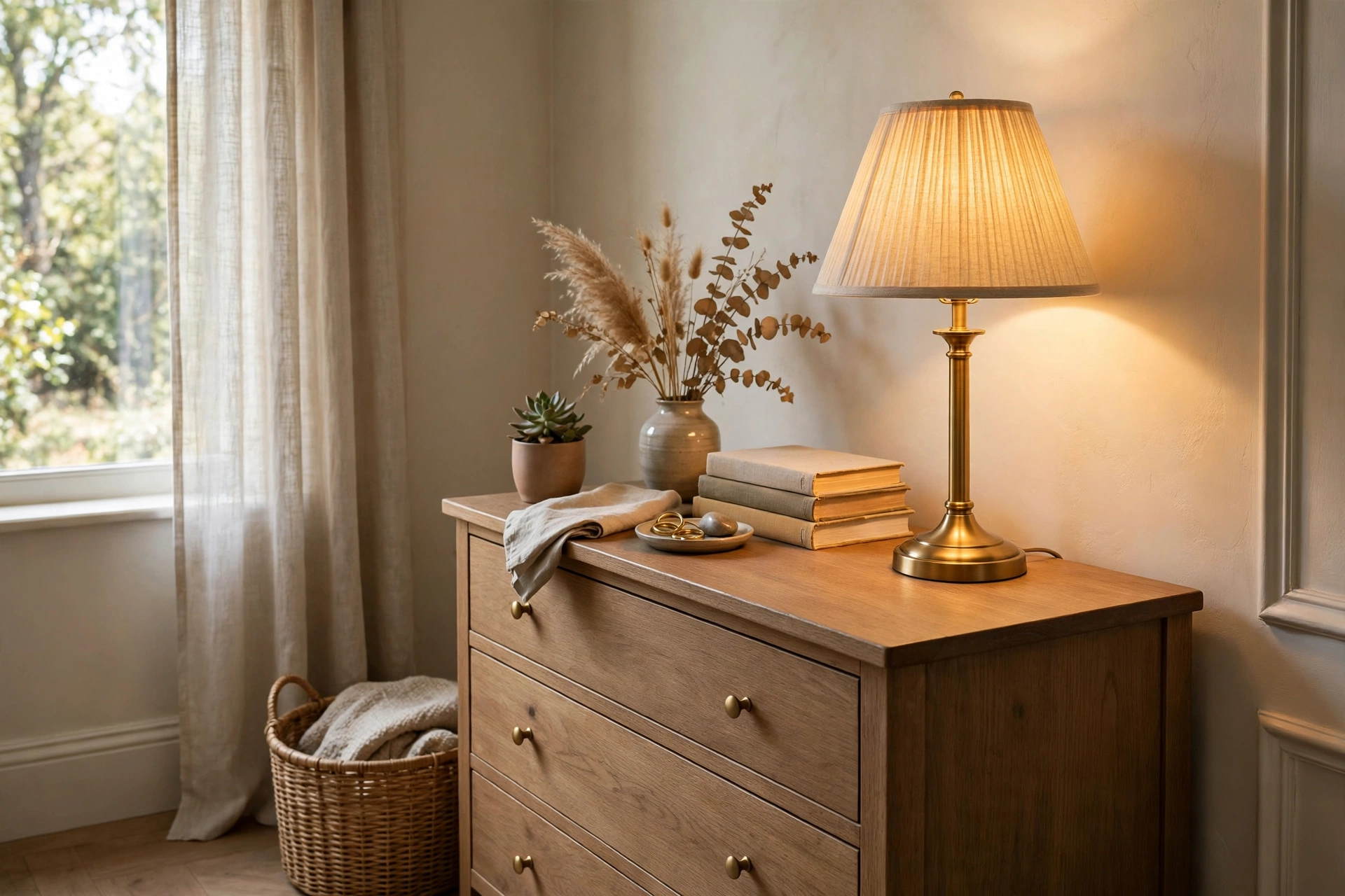 Table Lamp Casting Warm Light on a Dresser Corner
