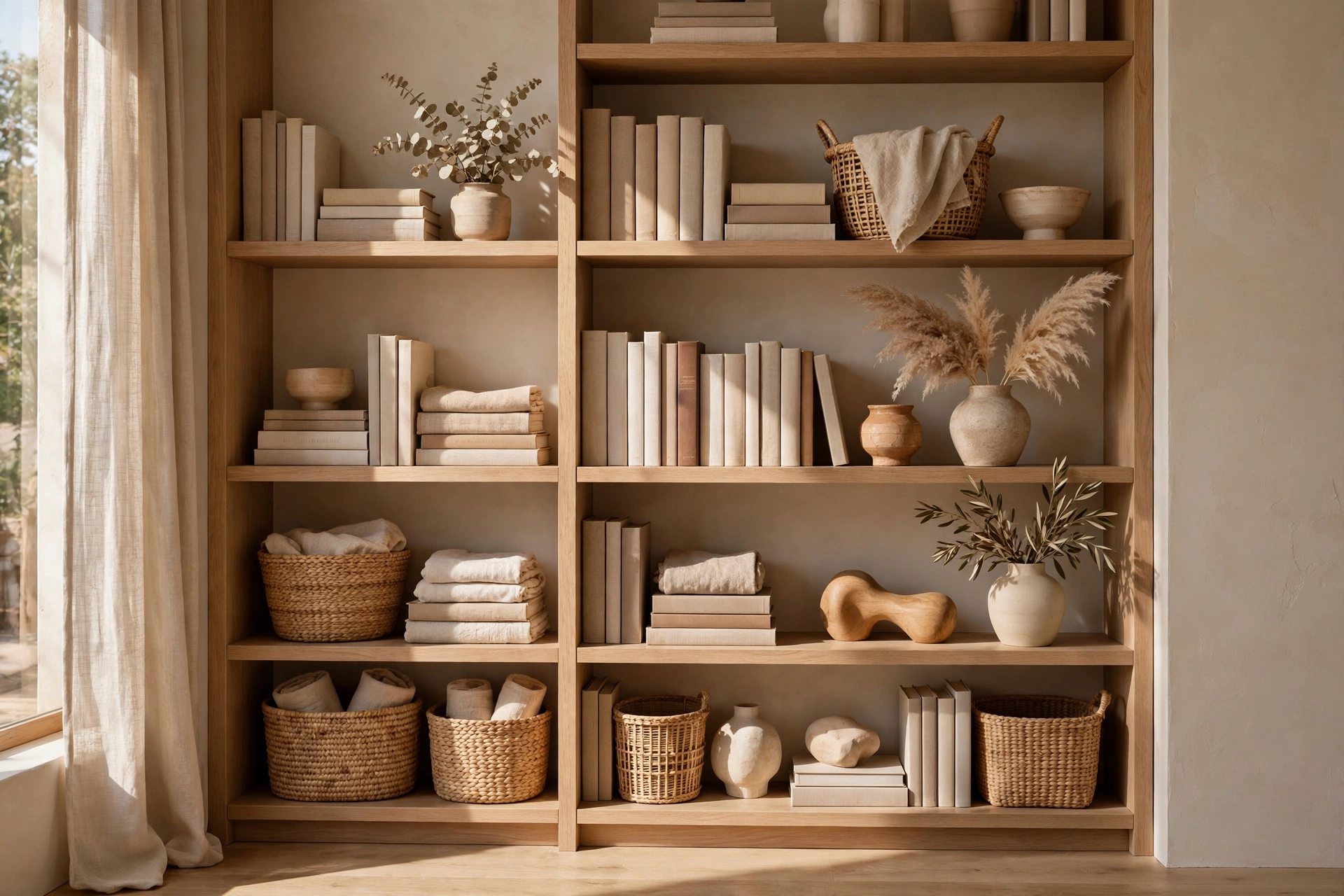 Bookshelf Styled In A Cohesive Warm Neutral Color Palette