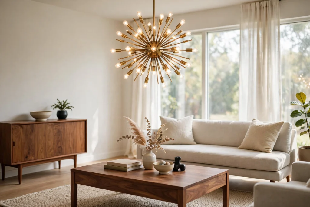 Brass sputnik chandelier glowing over a walnut coffee table in a mid-century living room