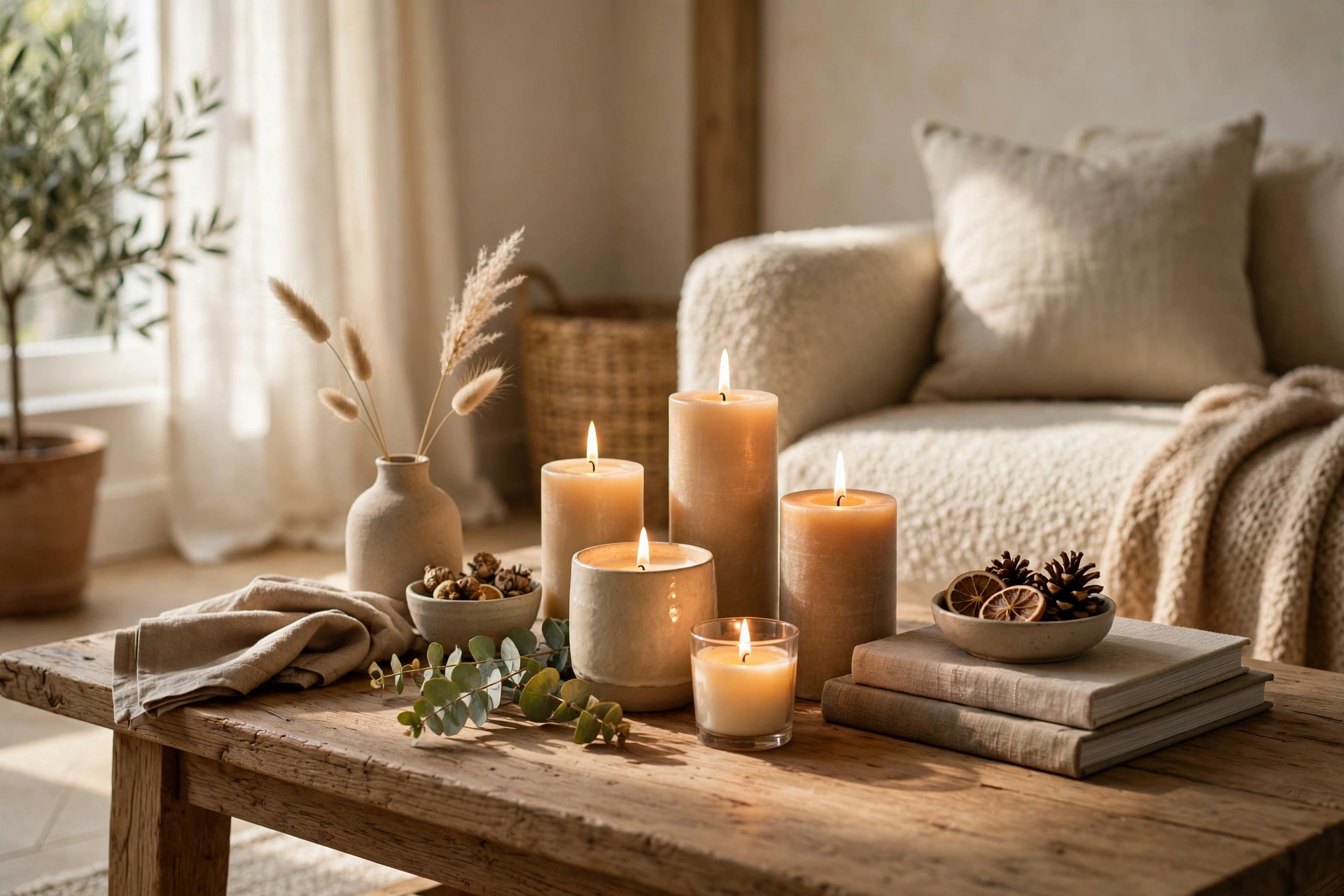 Lit Candles Creating Warm Ambience on Coffee Table