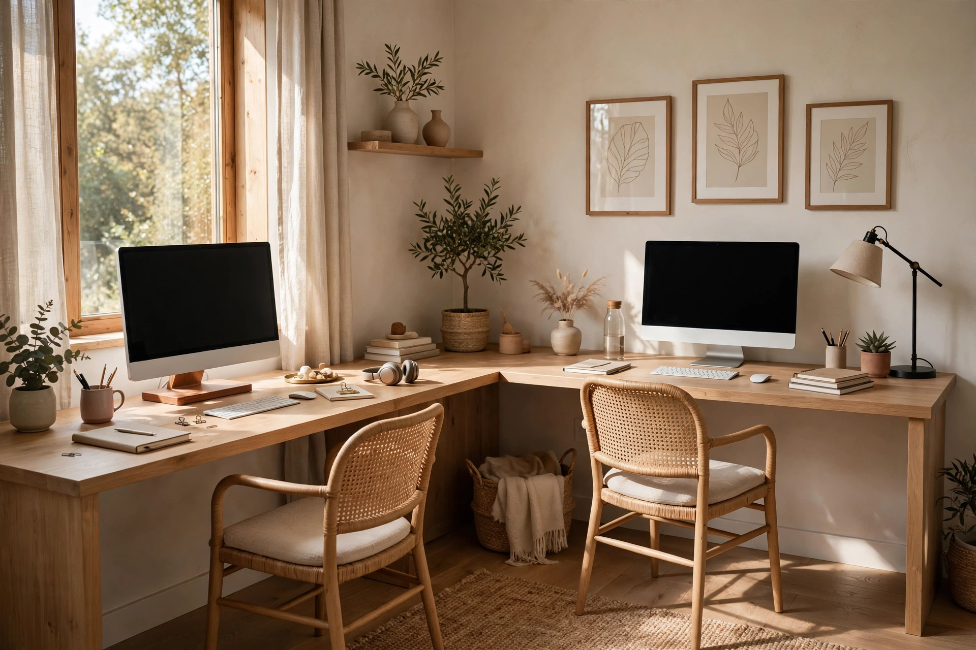 Two Person Corner Workstation With Two Chairs Facing The Walls
