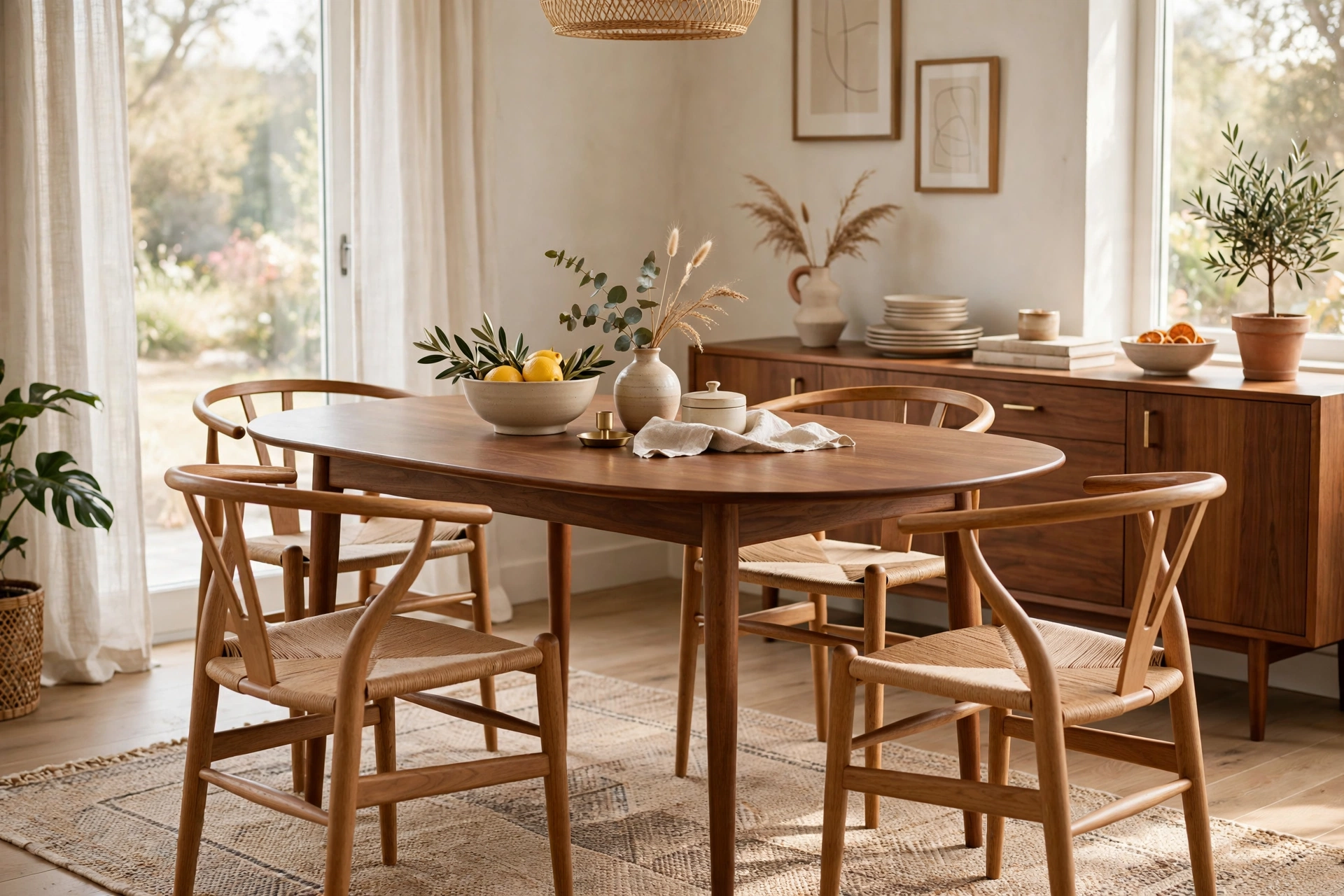 Wishbone Dining Chairs Around a Midcentury Modern Table