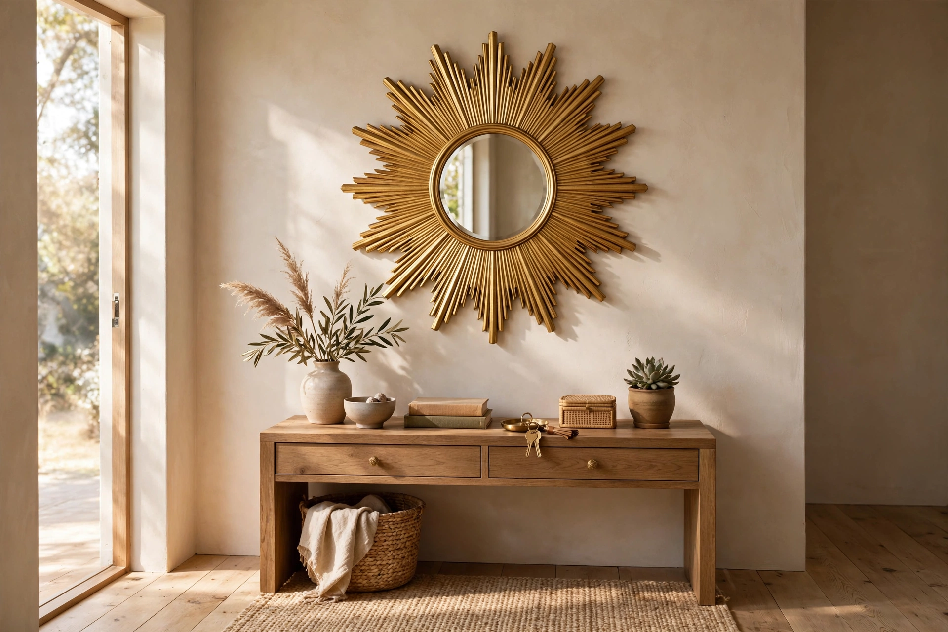 Gold Sunburst Mirror Above an Entryway Console