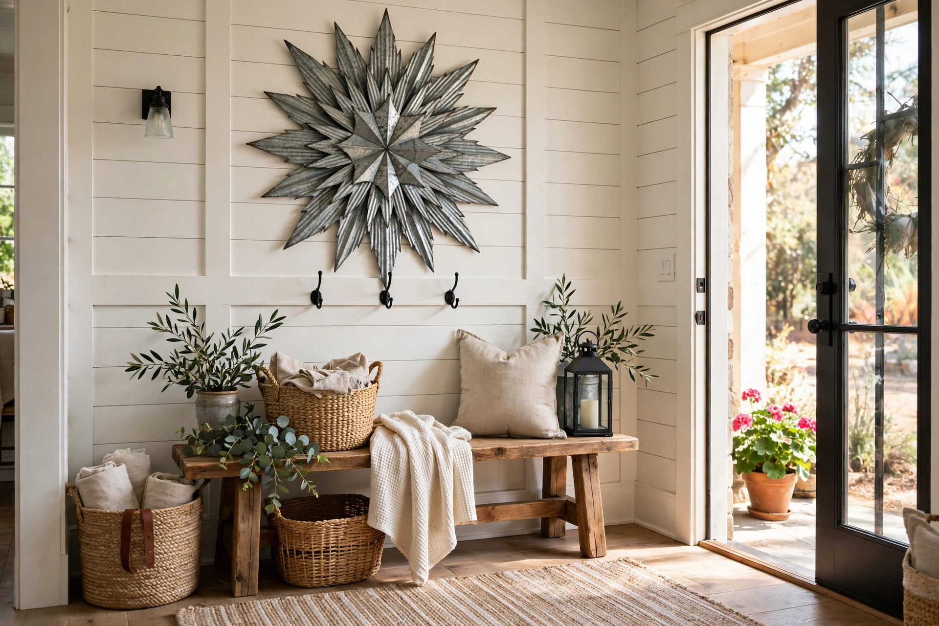 Galvanized Metal Wall Decor in a Farmhouse Entryway
