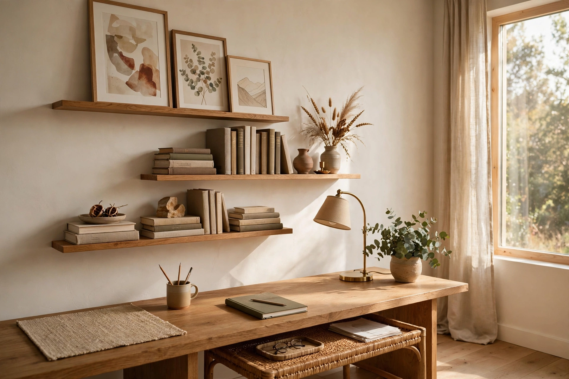 Picture Ledge Shelves Displaying Art And Books Above A Desk