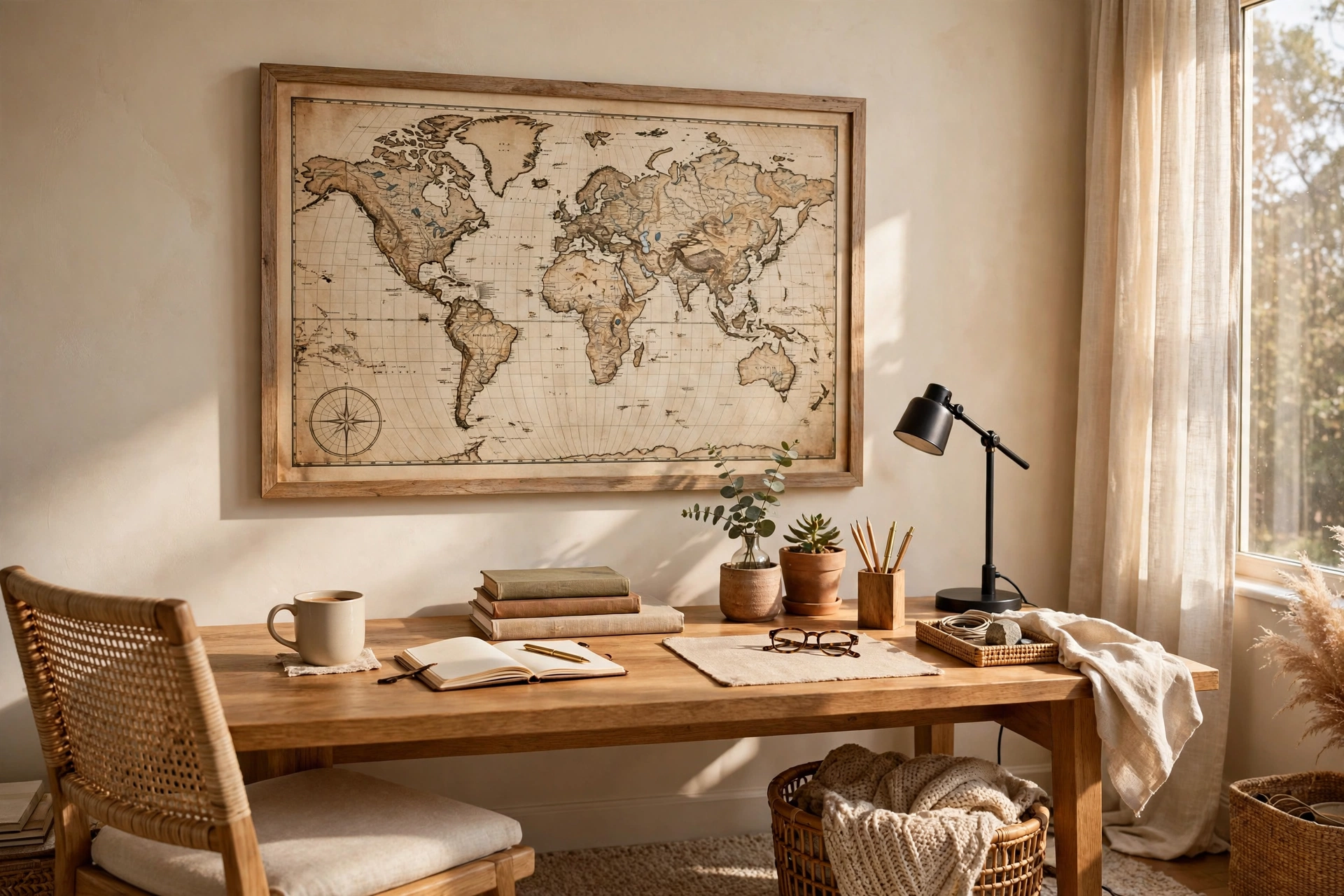 Home Office Wall With Framed Vintage World Map Print