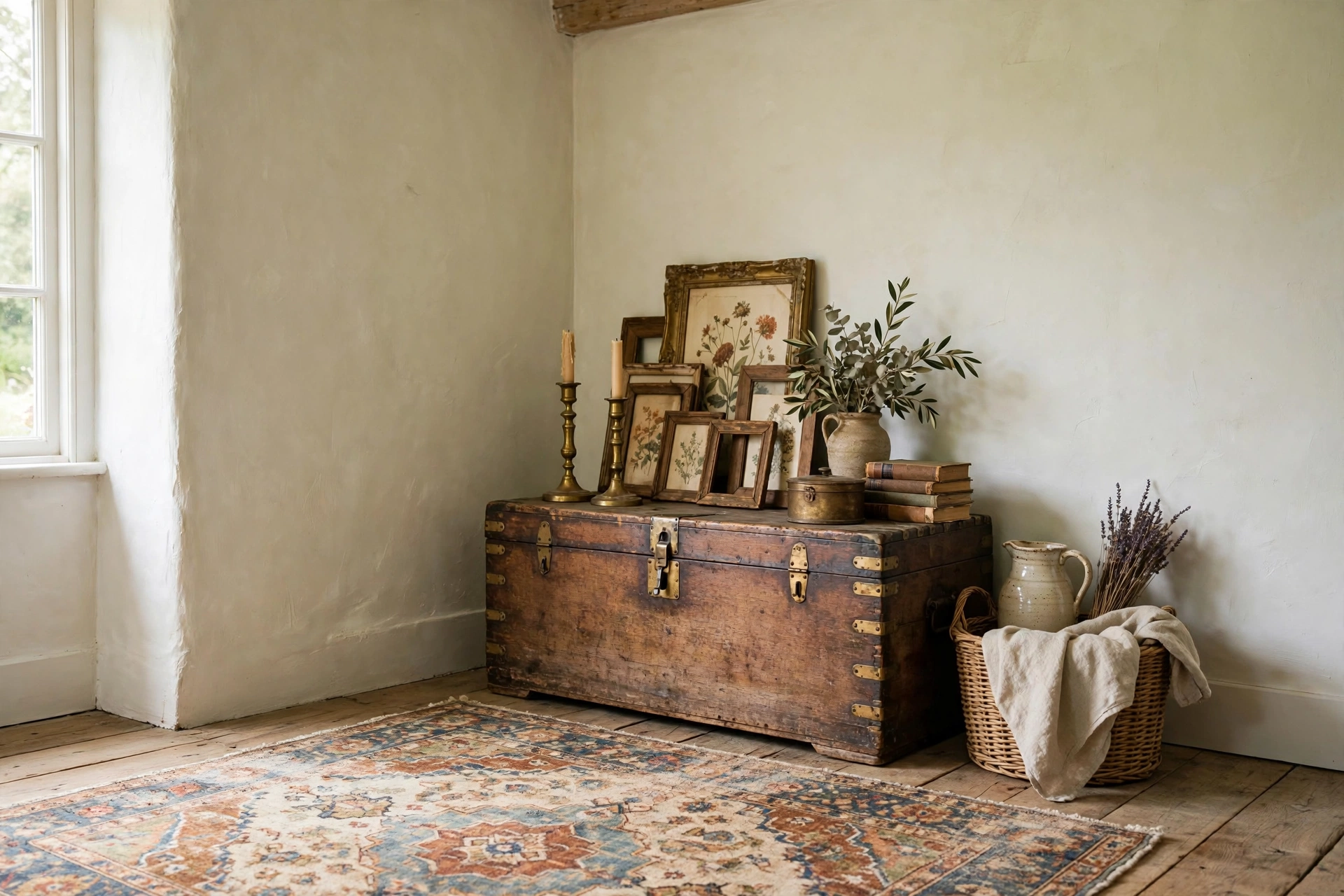 Cottage living room corner styled with vintage flea market finds and antique chest