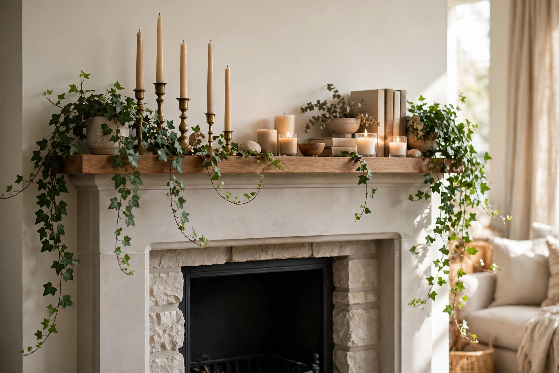 Trailing Ivy And Candles Styled On A Living Room Fireplace Mantel